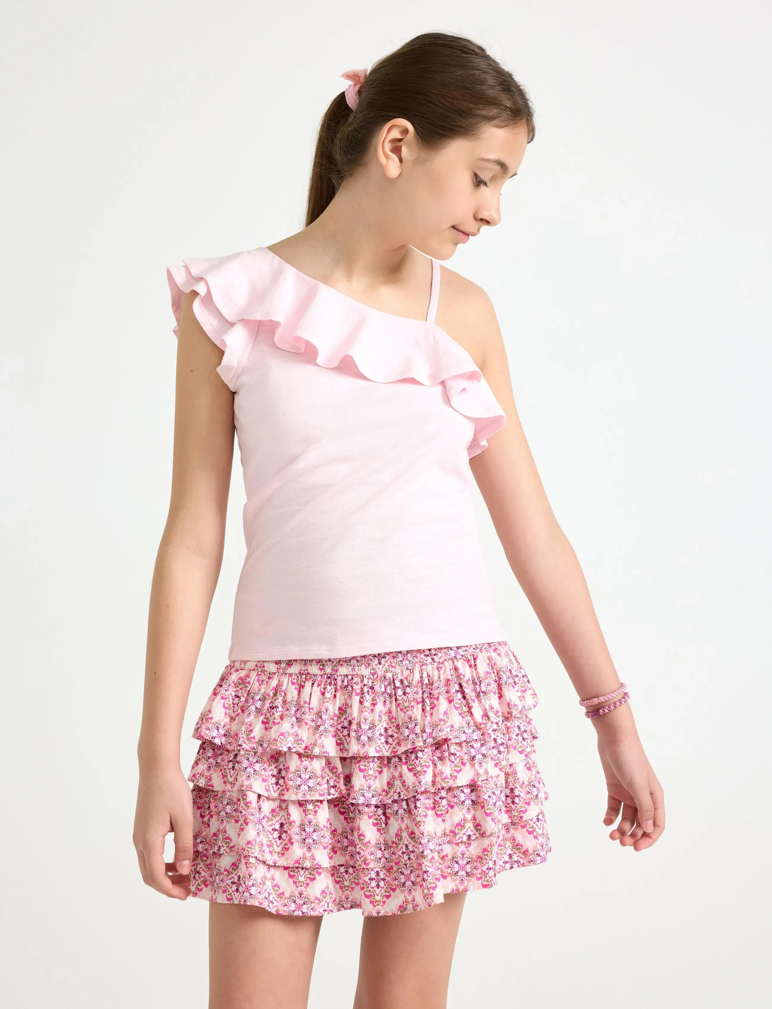 Lindex Top In Slub Jersey With One Shoulder Design, Børn, Flæset One Shoulder Top, Pink, Str: 170