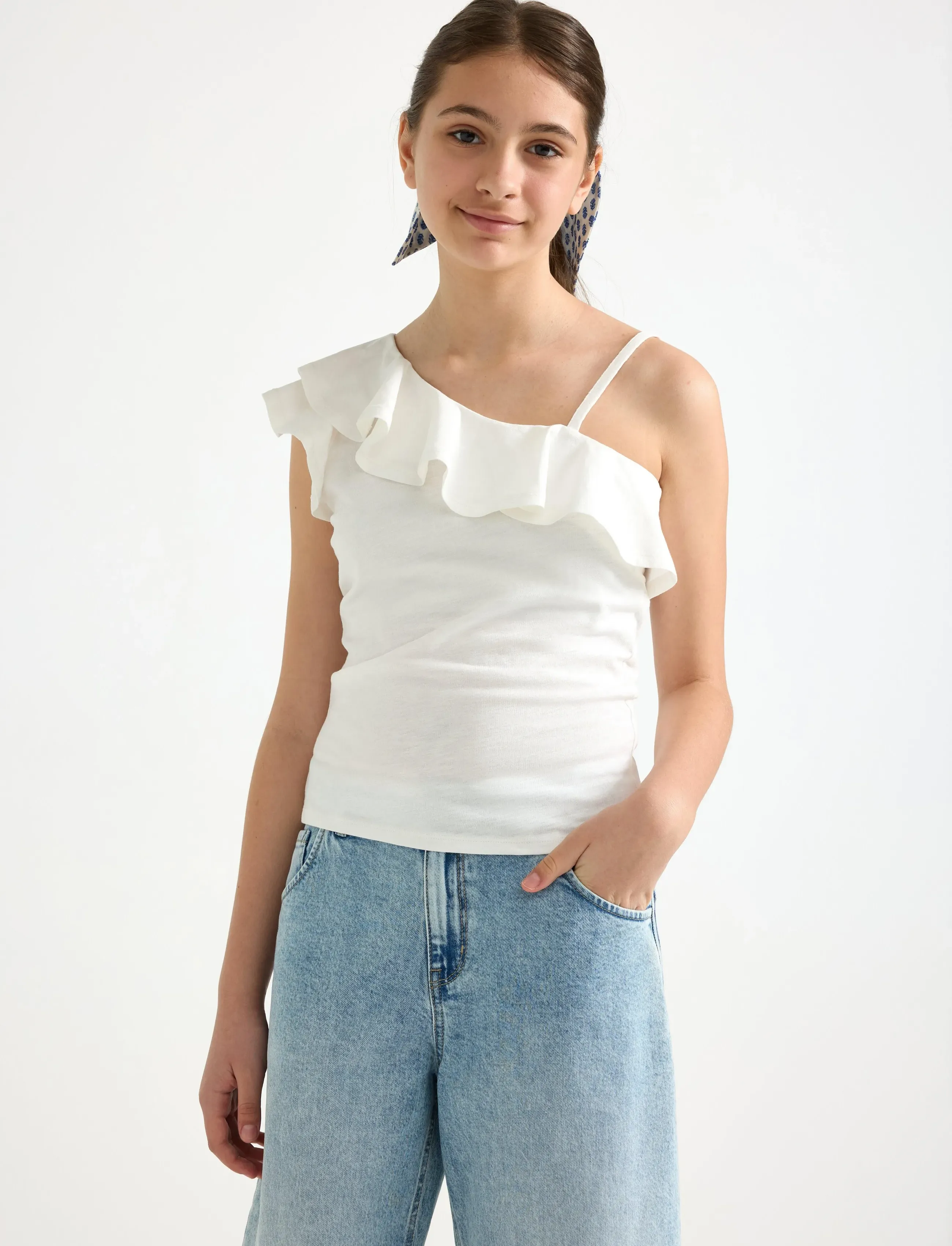 Lindex Top In Slub Jersey With One Shoulder Design, Børn, Flæset One Shoulder Top, Hvid, Str: 170