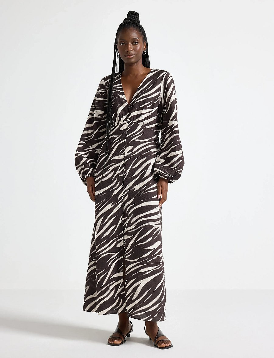 Lindex - Long-sleeved midi dress in seersucker - sommerkjoler - dark brown - 0
