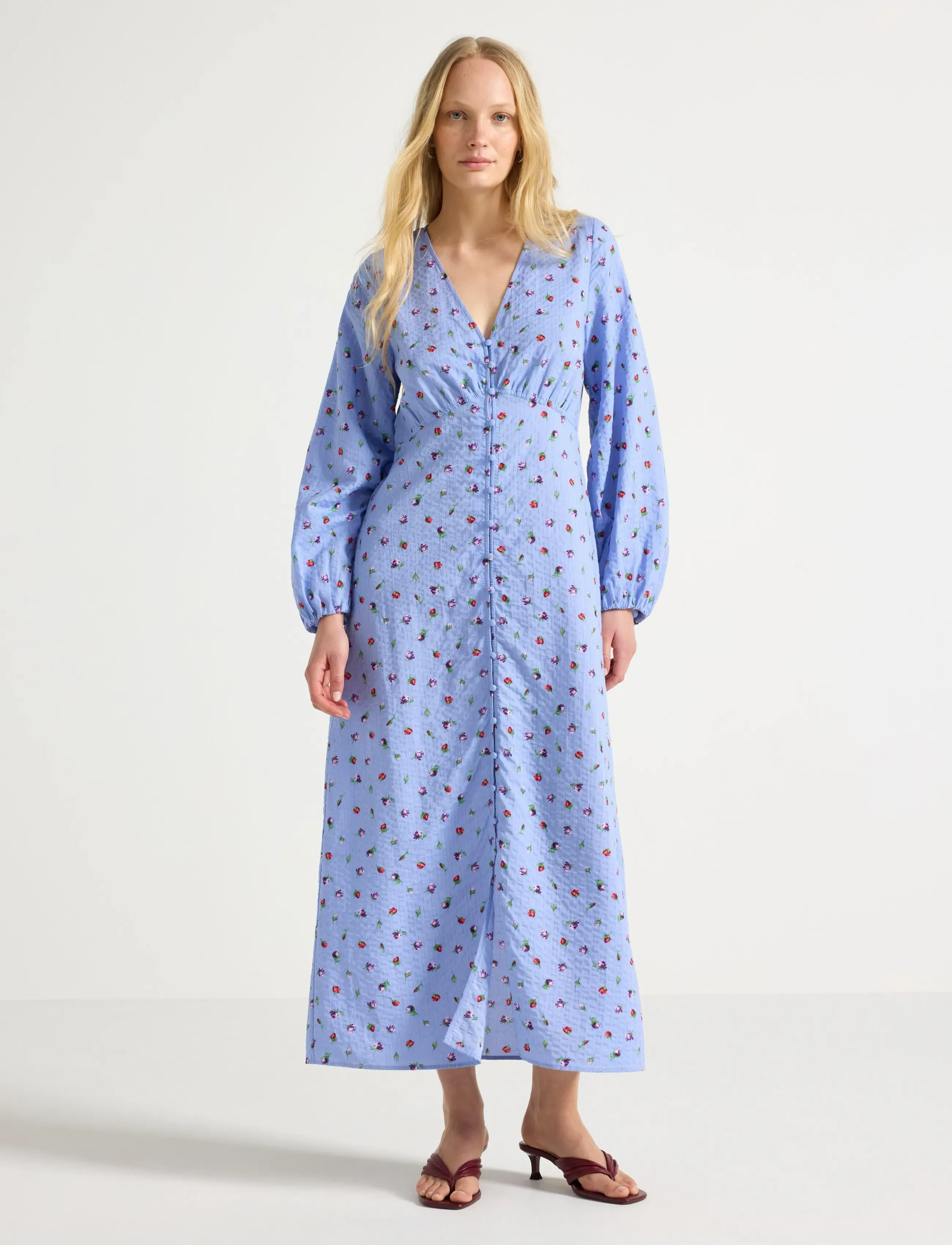 Lindex Long-Sleeved Midi Dress In Seersucker, XS, Dresses, Blau - Knee-length & Midi, Frauen