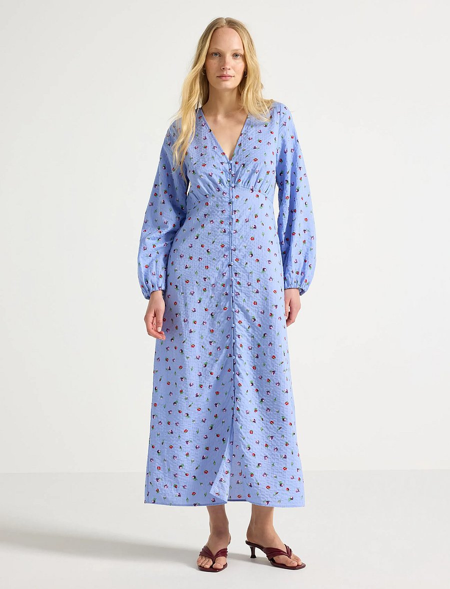 Lindex - Long-sleeved midi dress in seersucker - dusty blue - 0