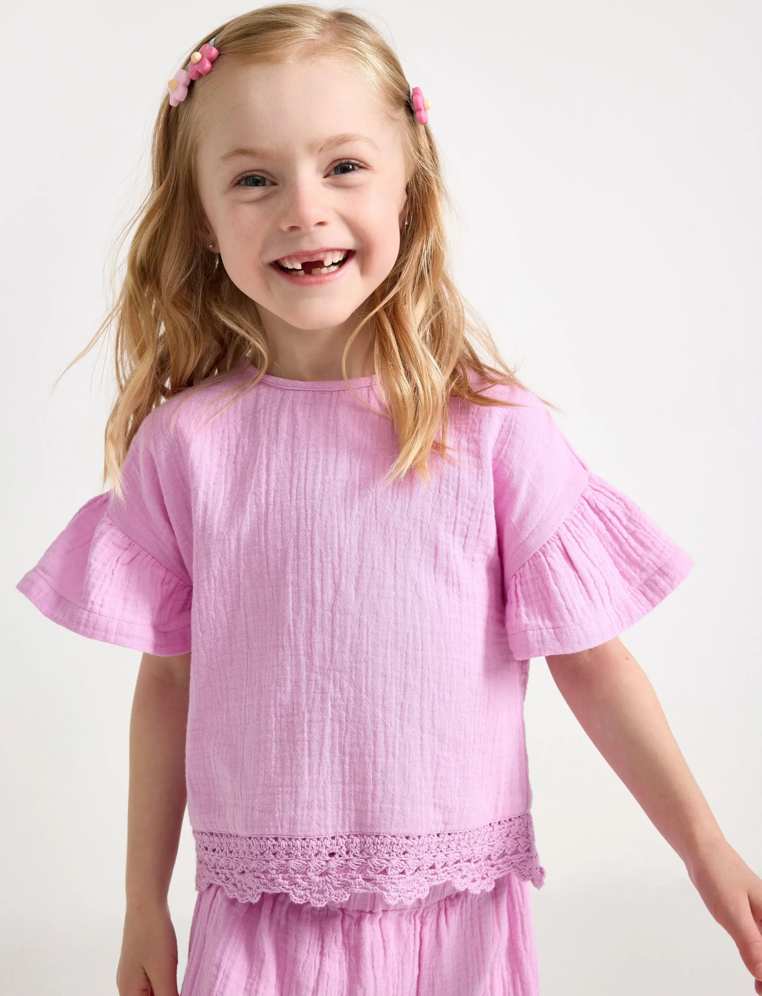 Lindex Short-Sleeved Top In Cotton Gauze, Børn, Kortærmet Gaze Top med Hæklet Kant, Lila, Str: 92