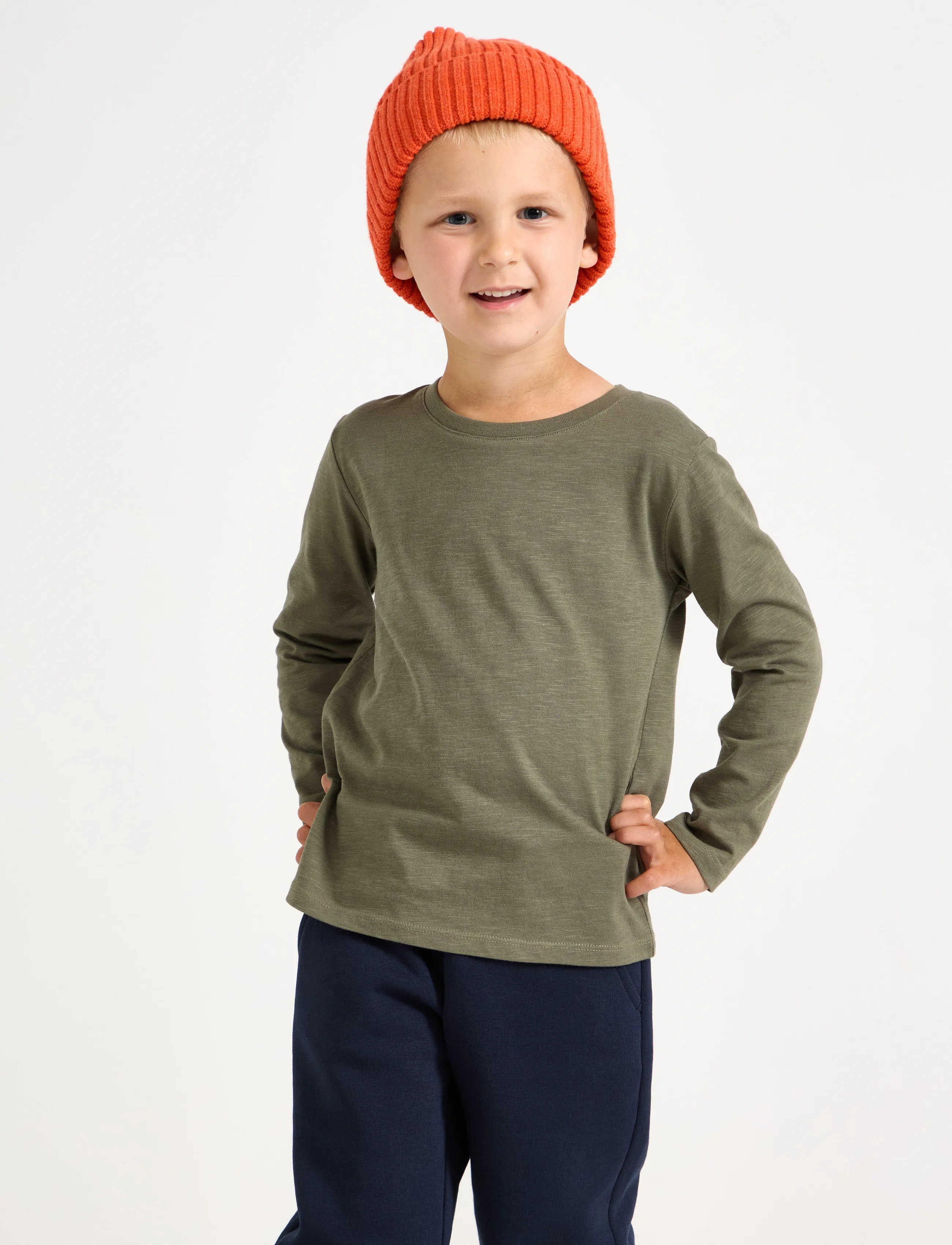 Lindex Long Sleeved Top In Slub Jersey, 128, T-shirts, Khakigrün - Long-sleeved Kinder
