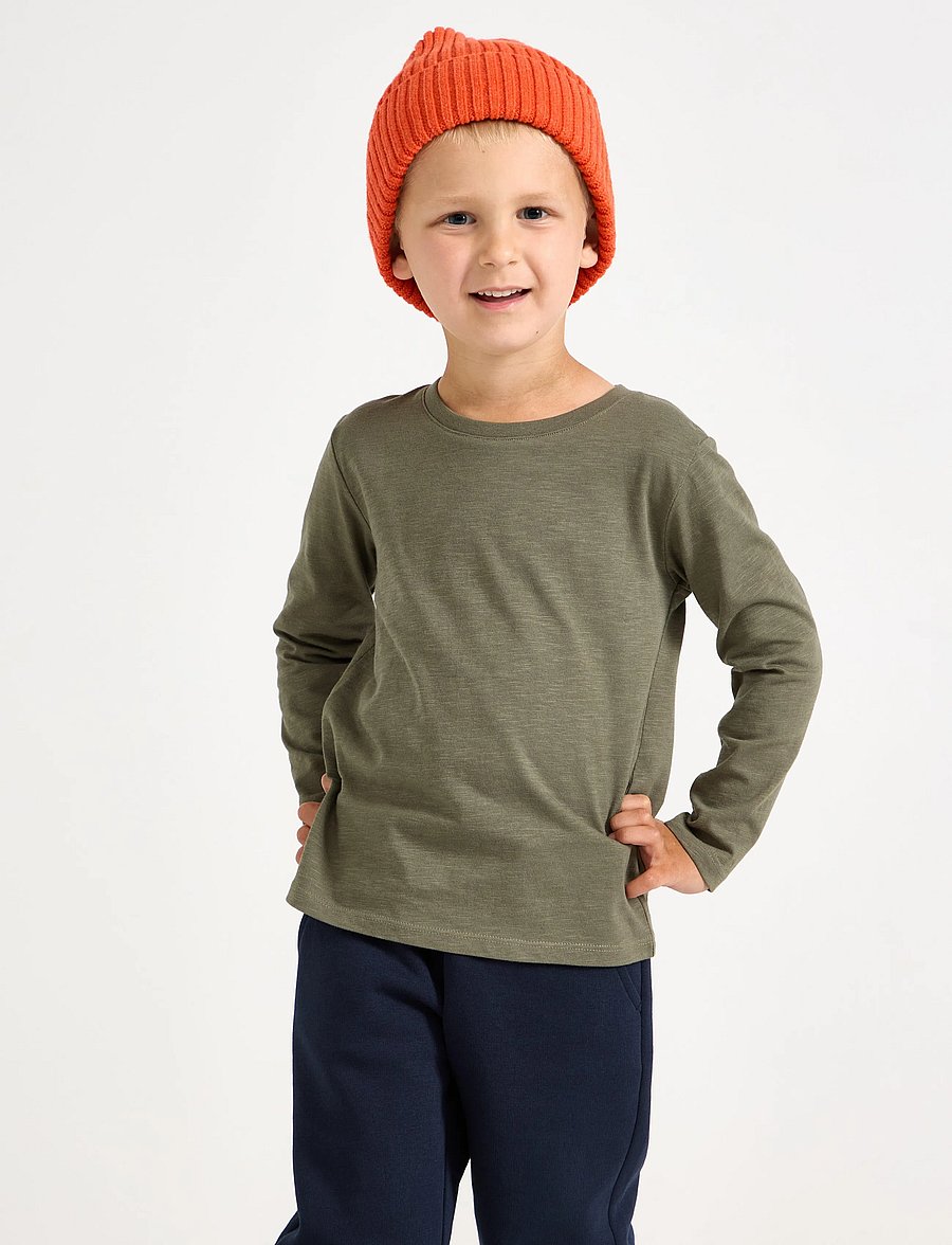 Lindex - Long sleeved top in slub jersey - långärmade t-shirts - lt dusty khaki - 0