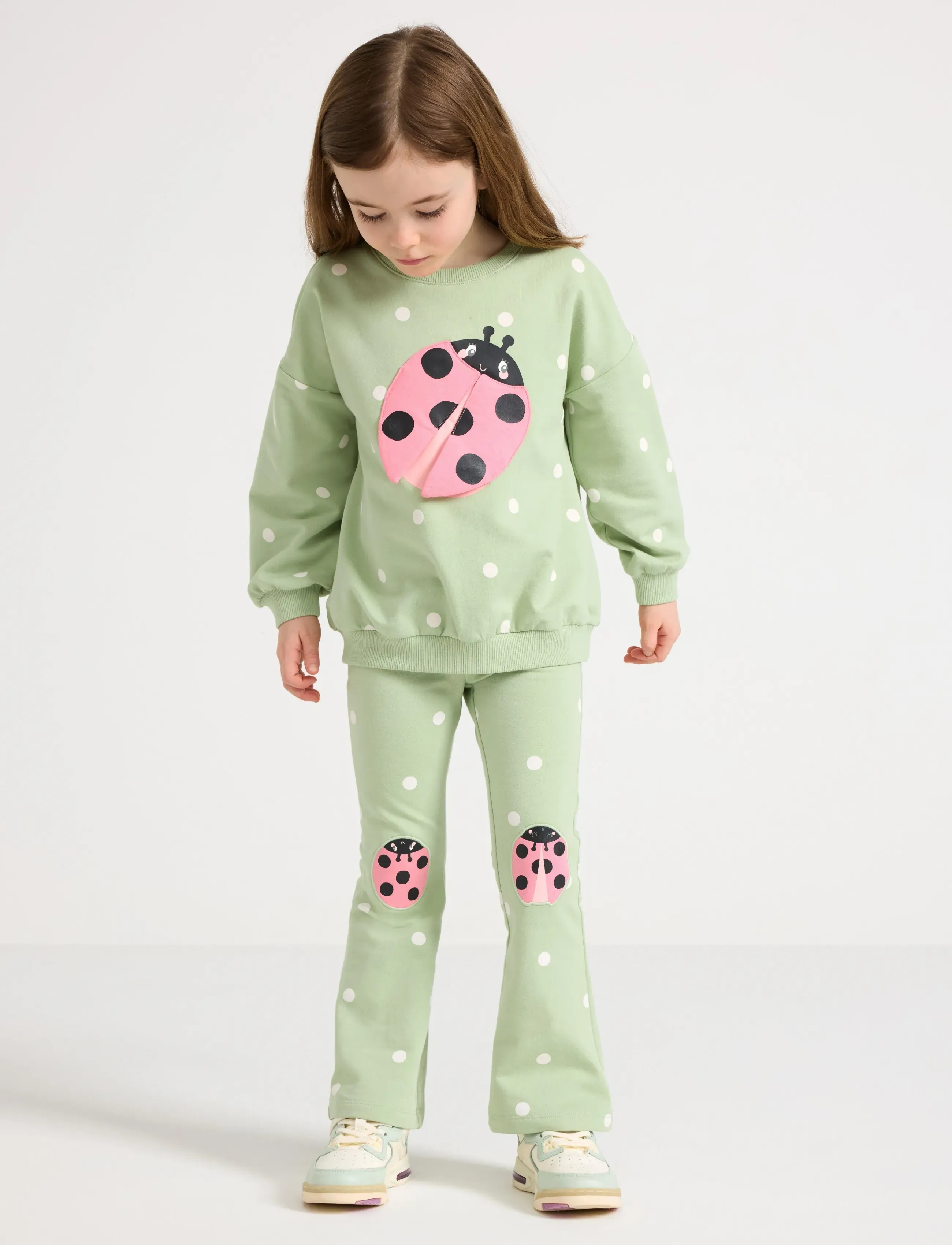 Lindex Leggings With Patches On The Knees, Børn, Prikkede Mariehøne Patch Leggings, Grøn, Str: 128