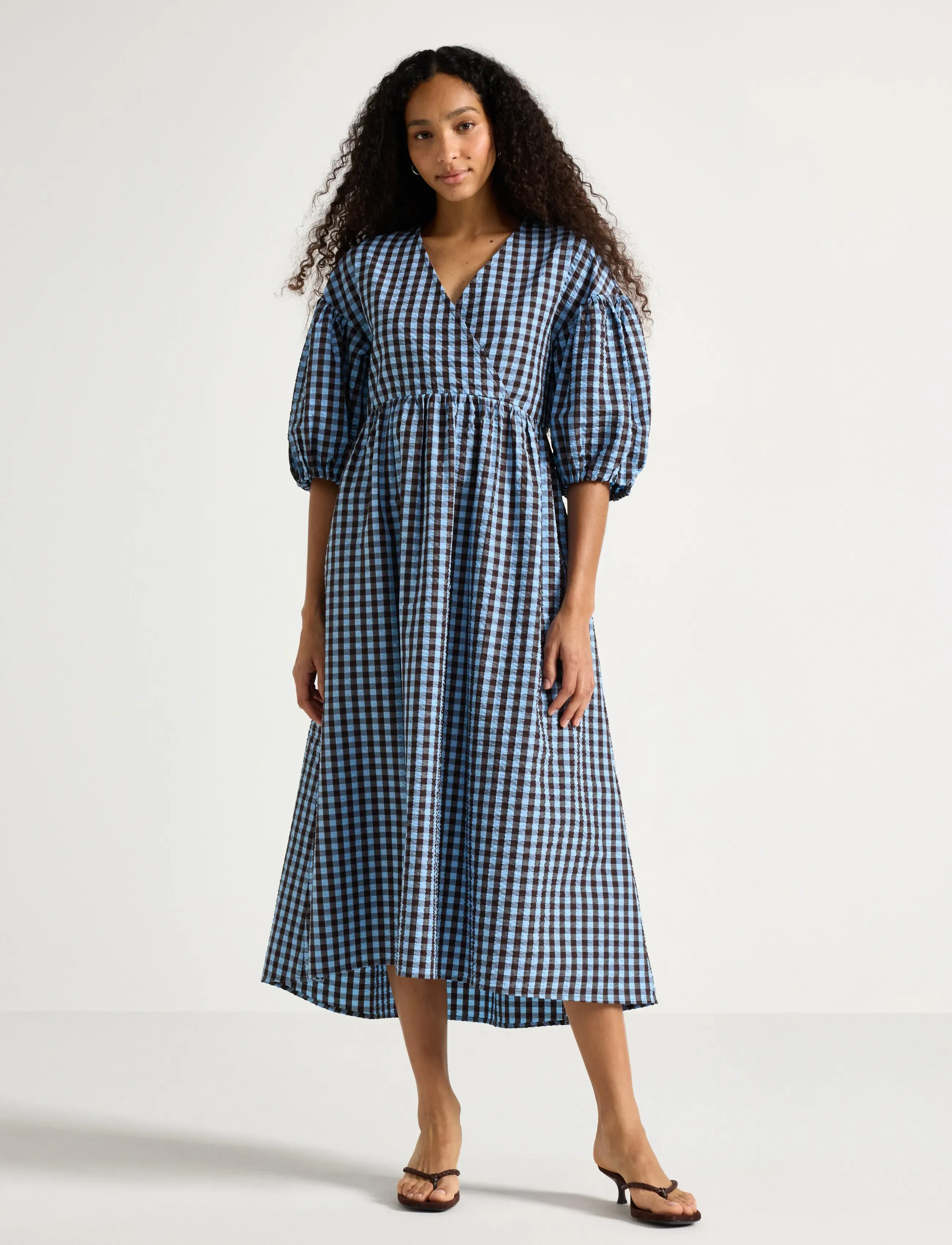 Lindex Midi Dress In Seersucker, M, Blue, Kjoler > Knælange Og Midi, Dame