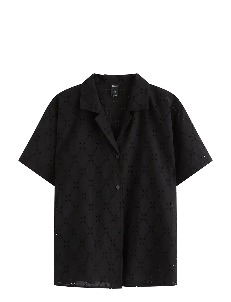Lindex - Shirt with broderie anglaise - kortärmade skjortor - black - 1