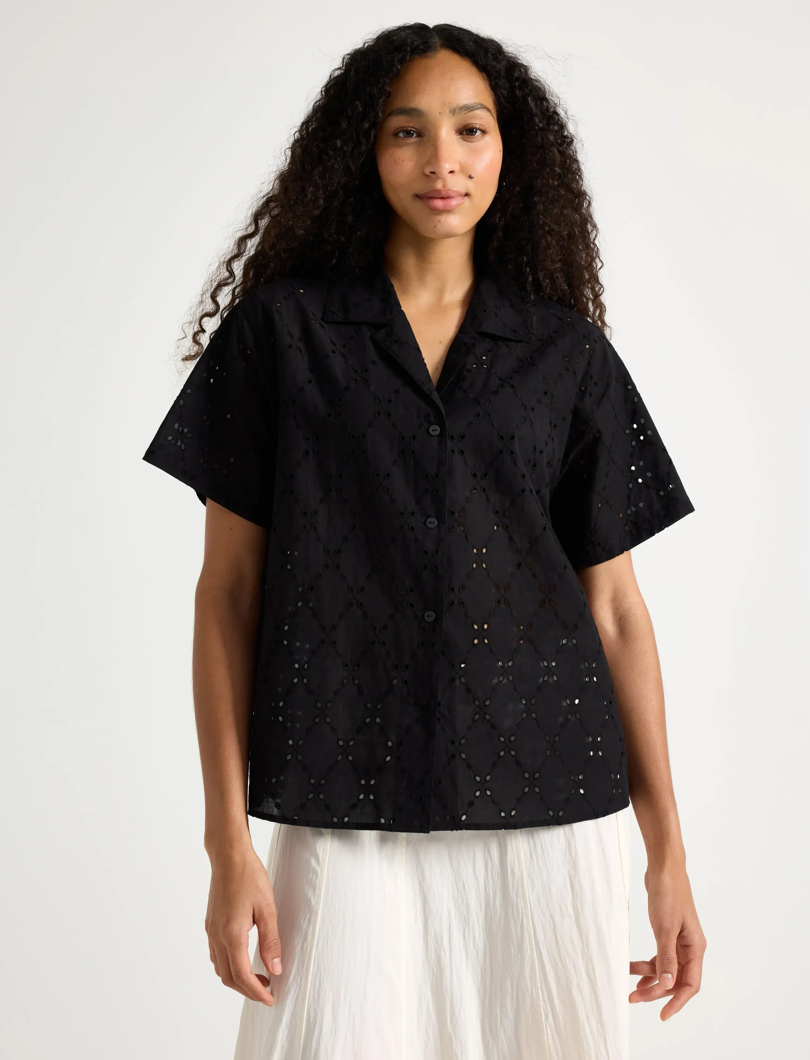 Lindex Shirt With Broderie Anglaise, Kvinder, Broderie Anglaise Reverskrave Skjorte, Sort, Str: L