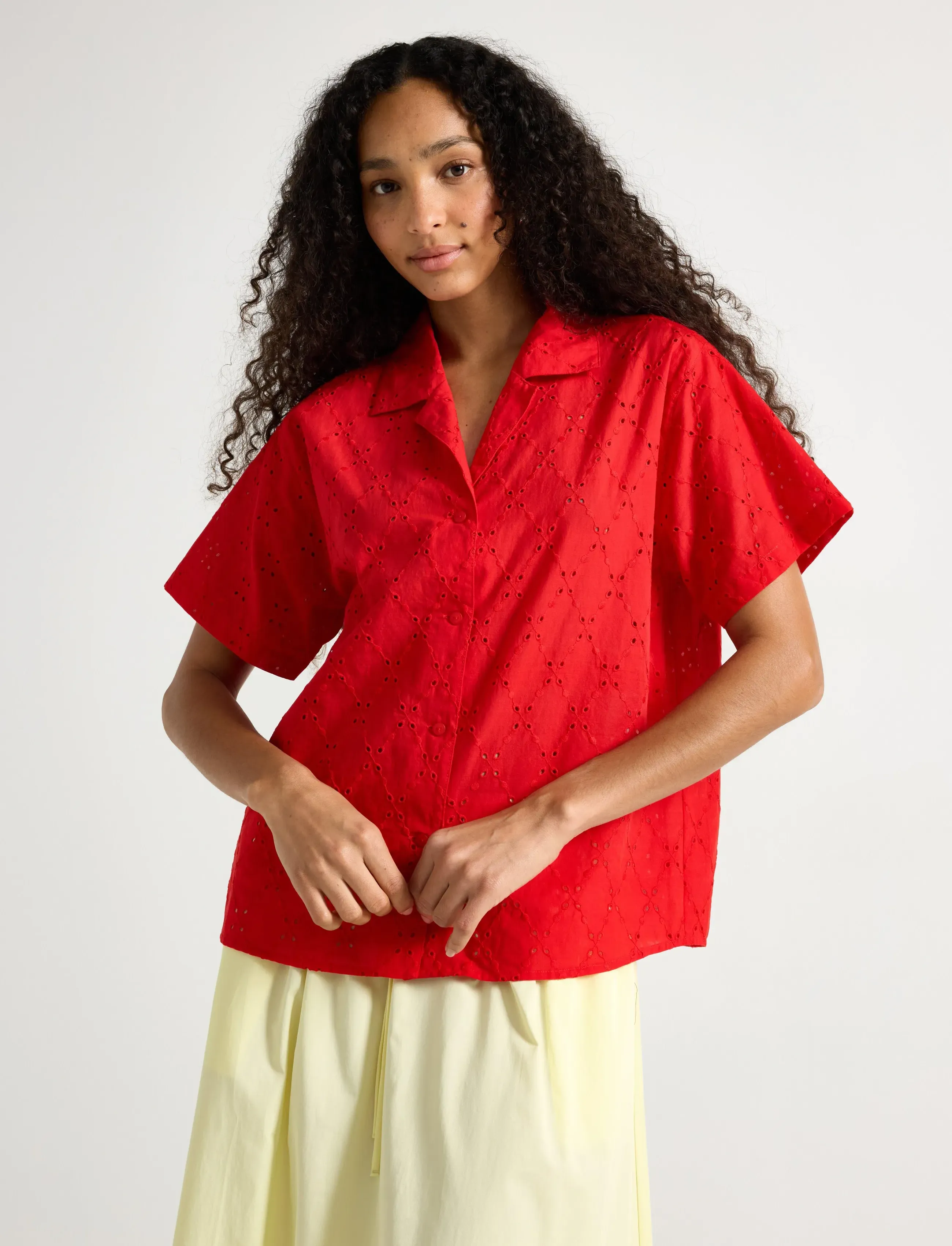 Lindex Shirt With Broderie Anglaise, XS, Shirts, Rot - Short-sleeved, Frauen
