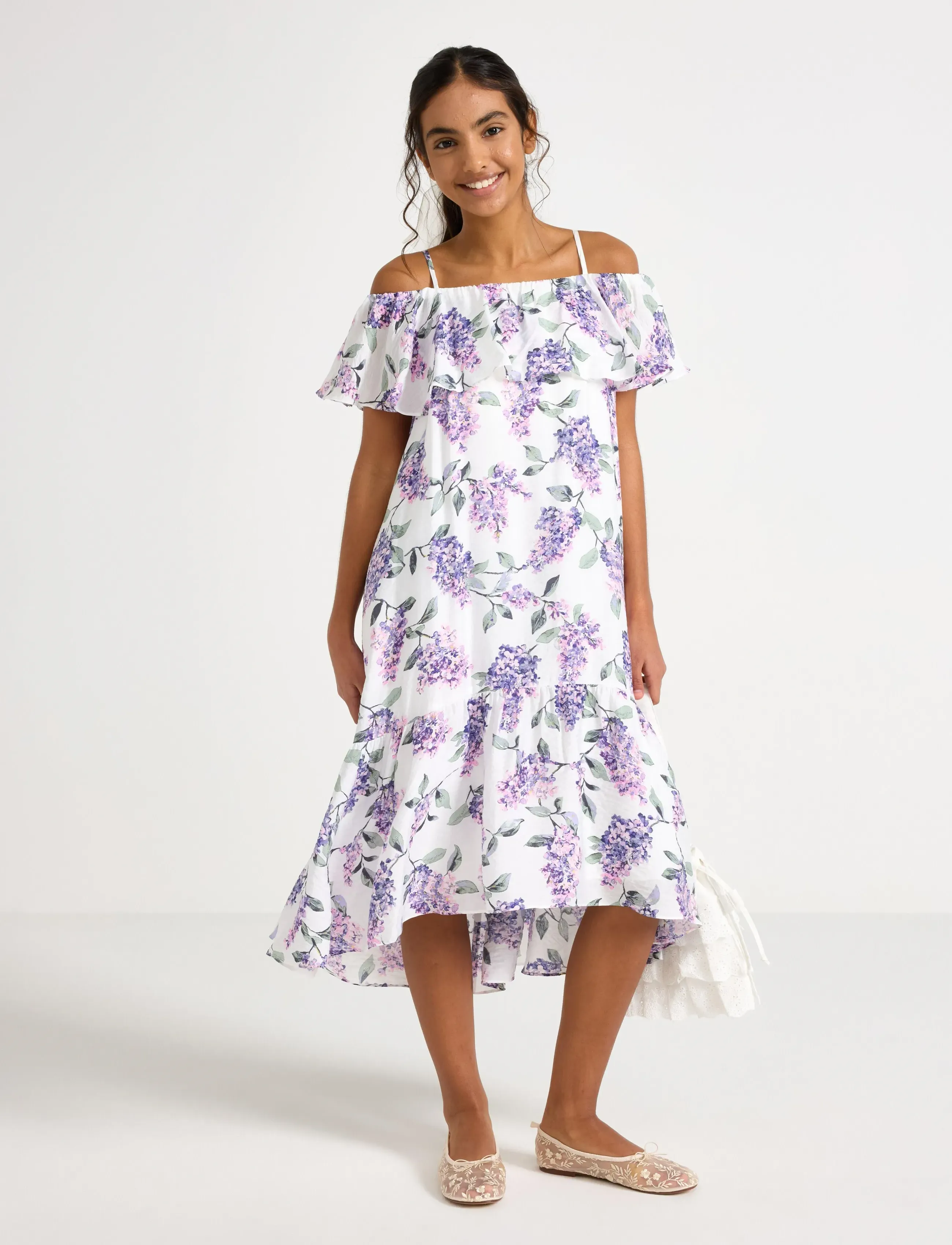 Lindex Dress with flounces - Robes - OFF WHITE / purple