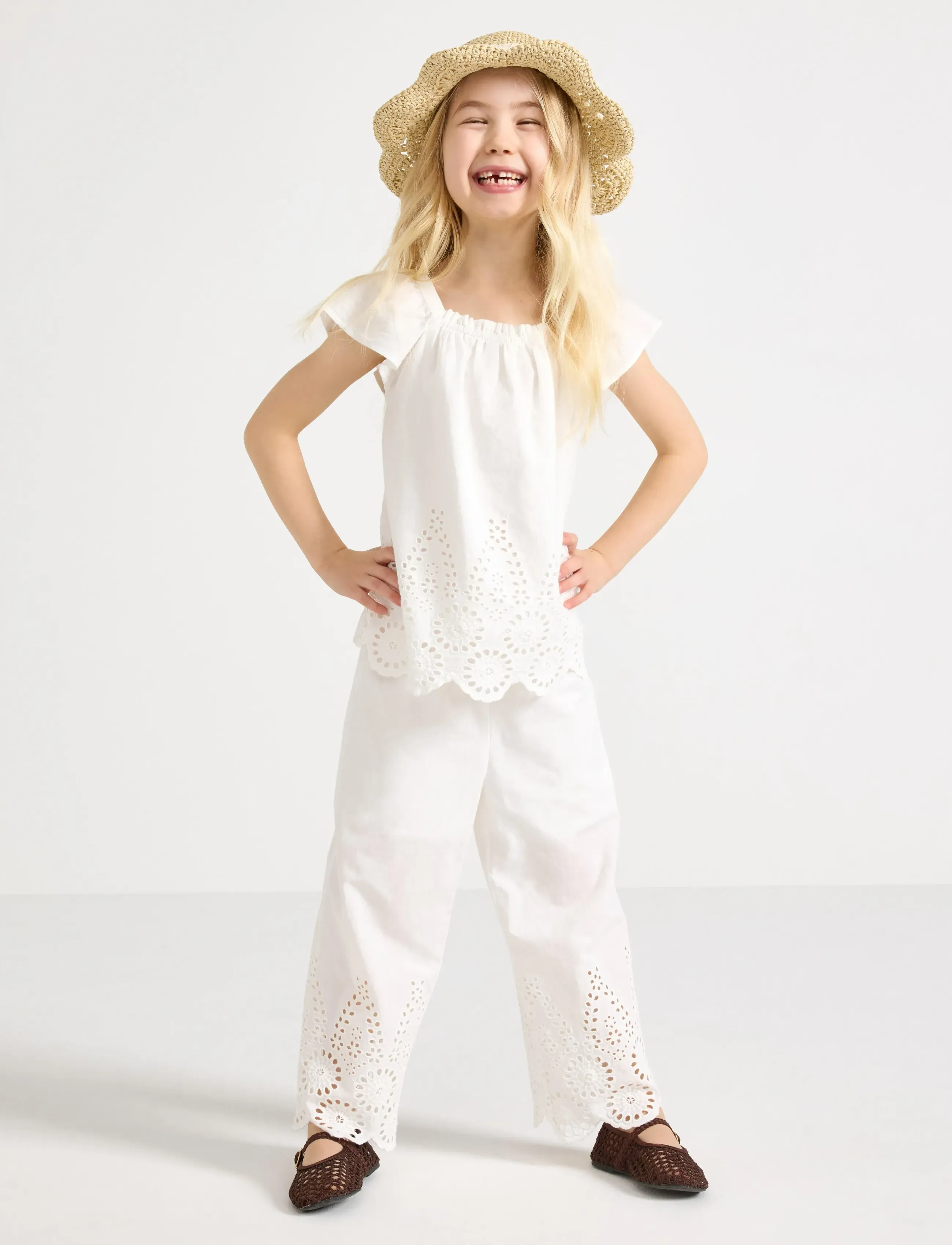 Lindex Trousers With Broderie Anglaise, Børn, Broderie Anglaise Culottebukser, Hvid, Str: 104