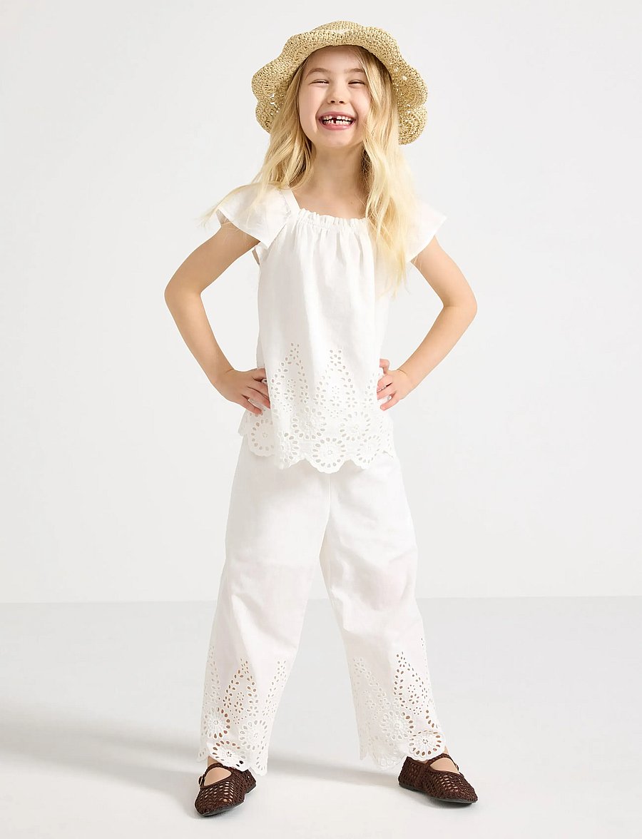 Lindex - Trousers with broderie anglaise - osta vanuse järgi - light dusty white - 0