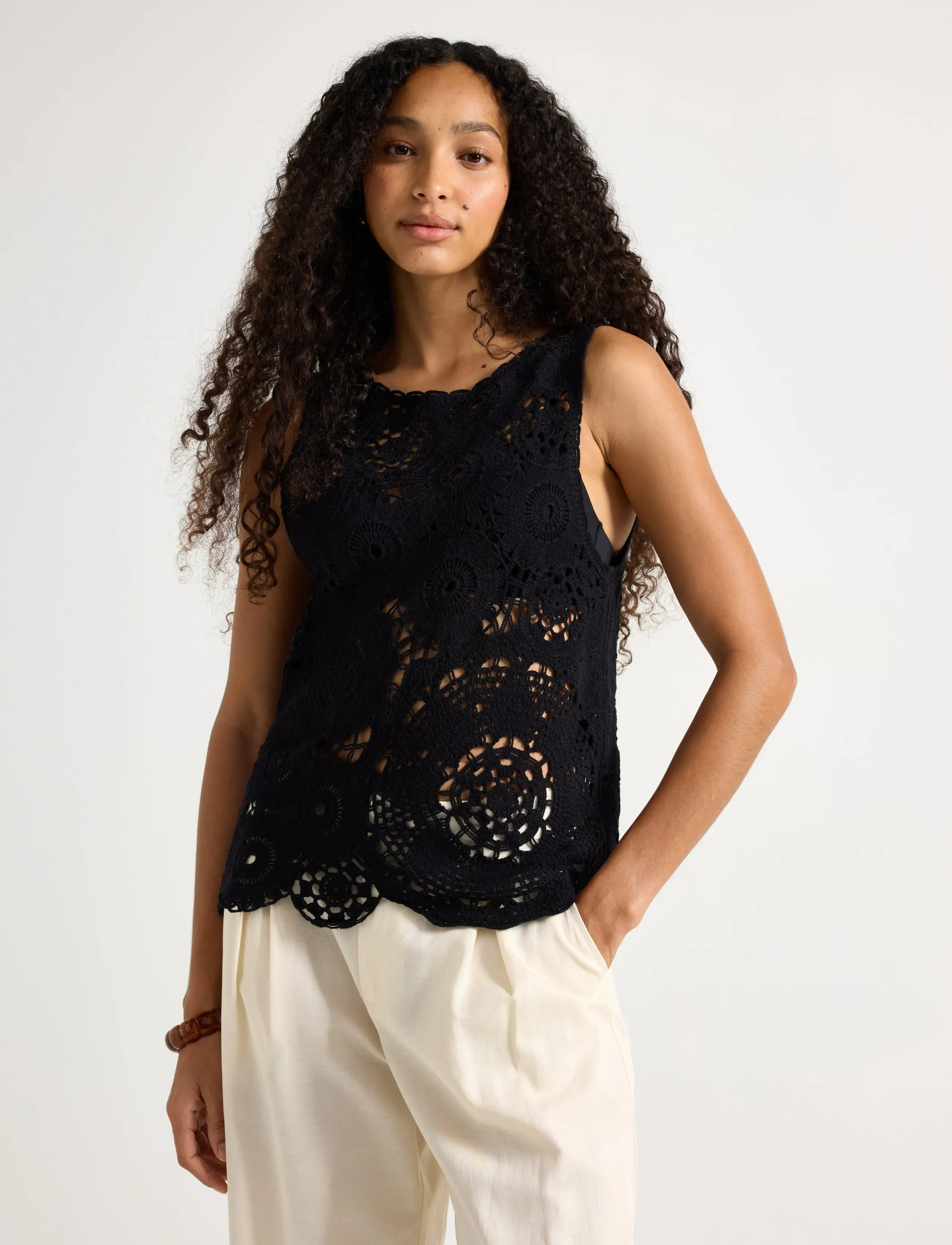 Lindex Sleeveless Top With Crochet Look, Kvinder, Hæklet Top, Sort, Str: S