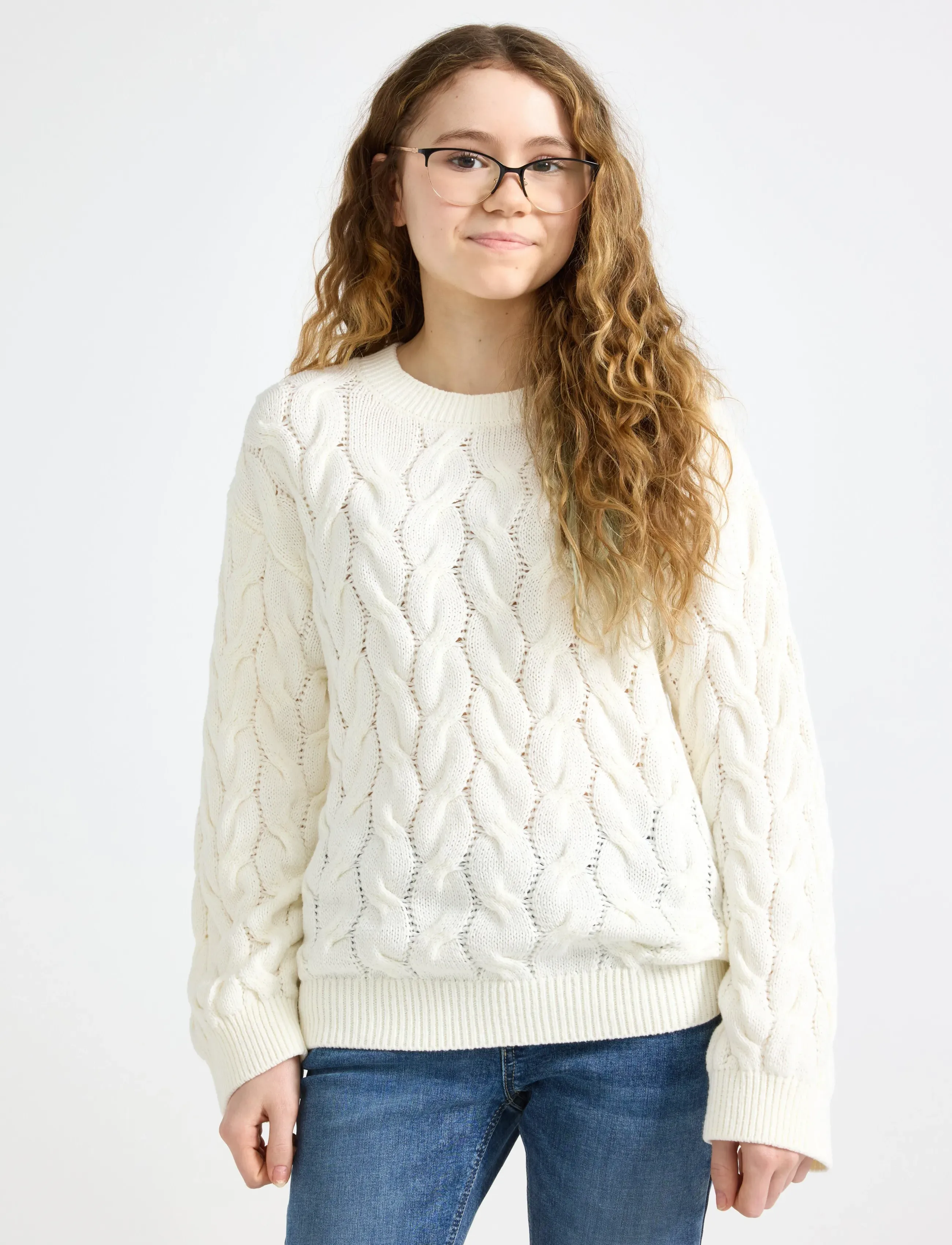Lindex Cable-Knit Jumper, 134/140, Knitwear, Creme - Pullovers, Kinder