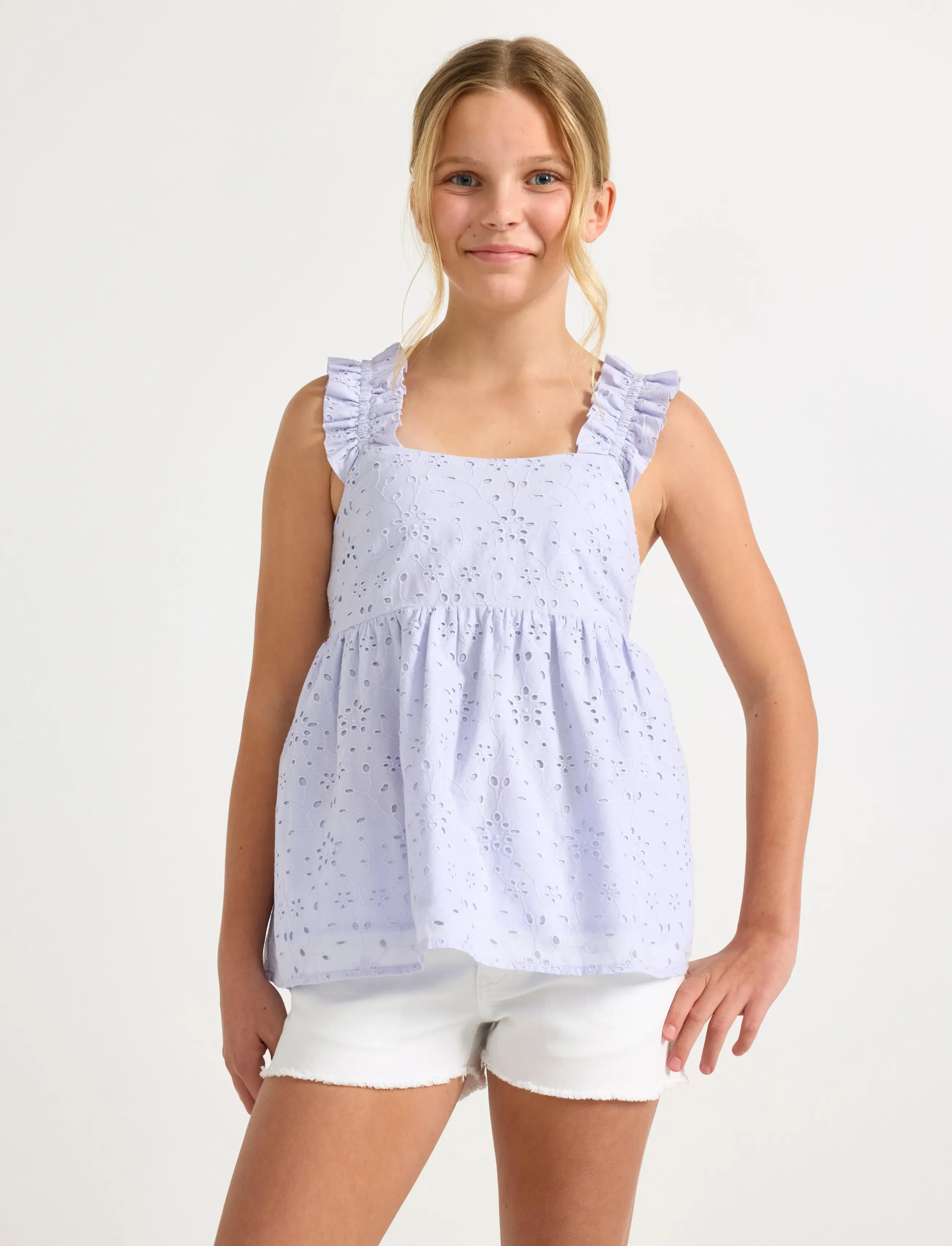 Lindex Sleeveless Blouse With Broderie Anglaise, 128, Purple, Overdele > Bluser & Tunikaer, Børn