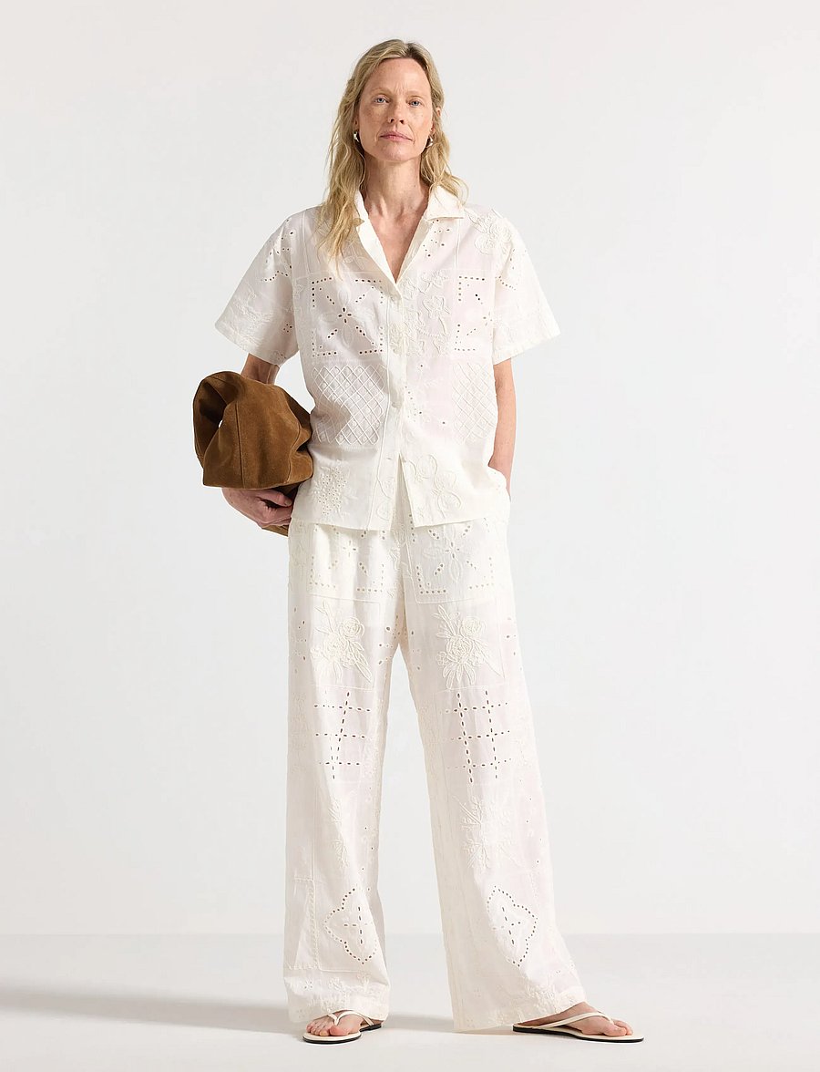 Lindex - Trousers with embroidery - bukser med brede ben - off white - 0