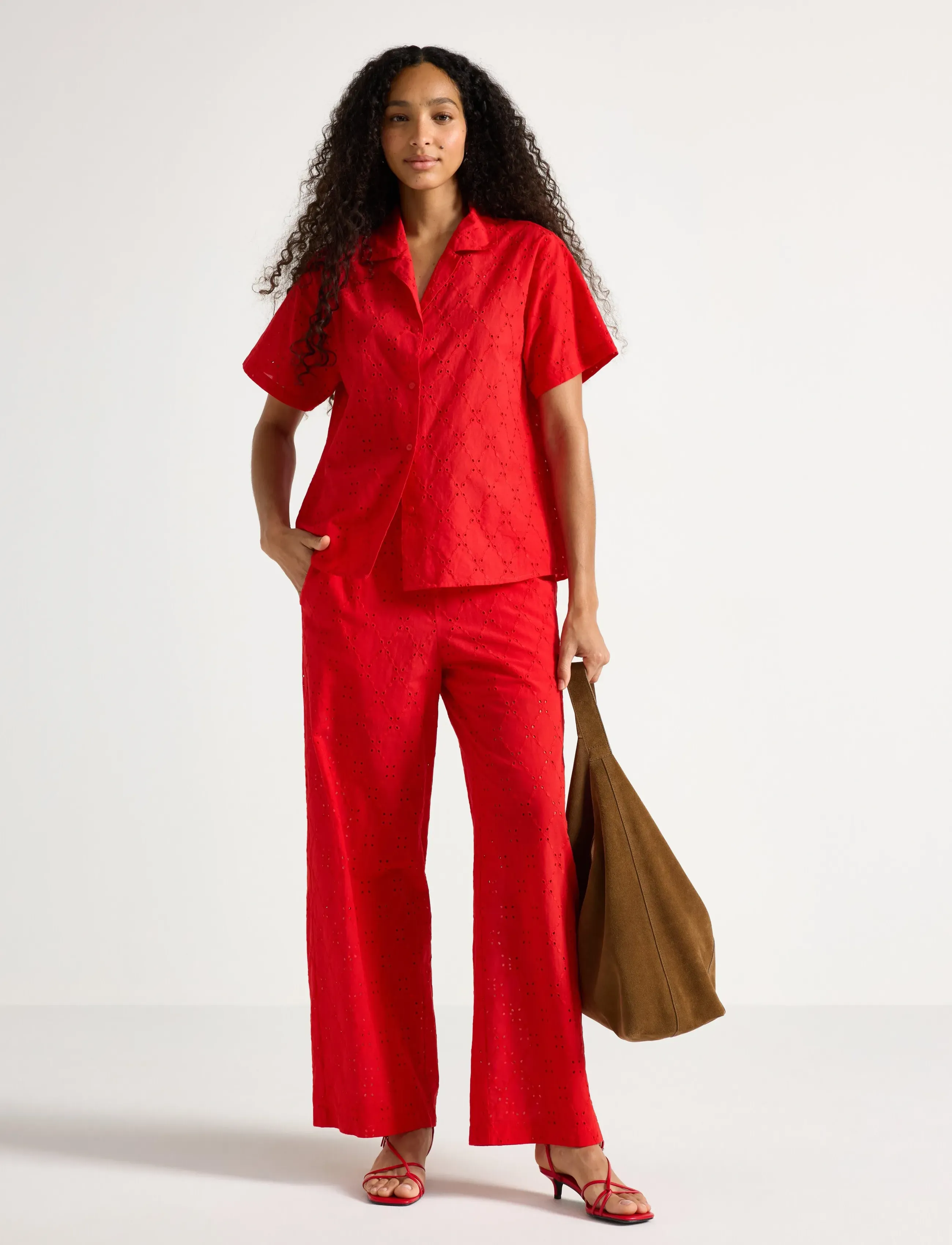 Lindex Trousers With Embroidery, S, Trousers, Rot - Wide Leg, Frauen