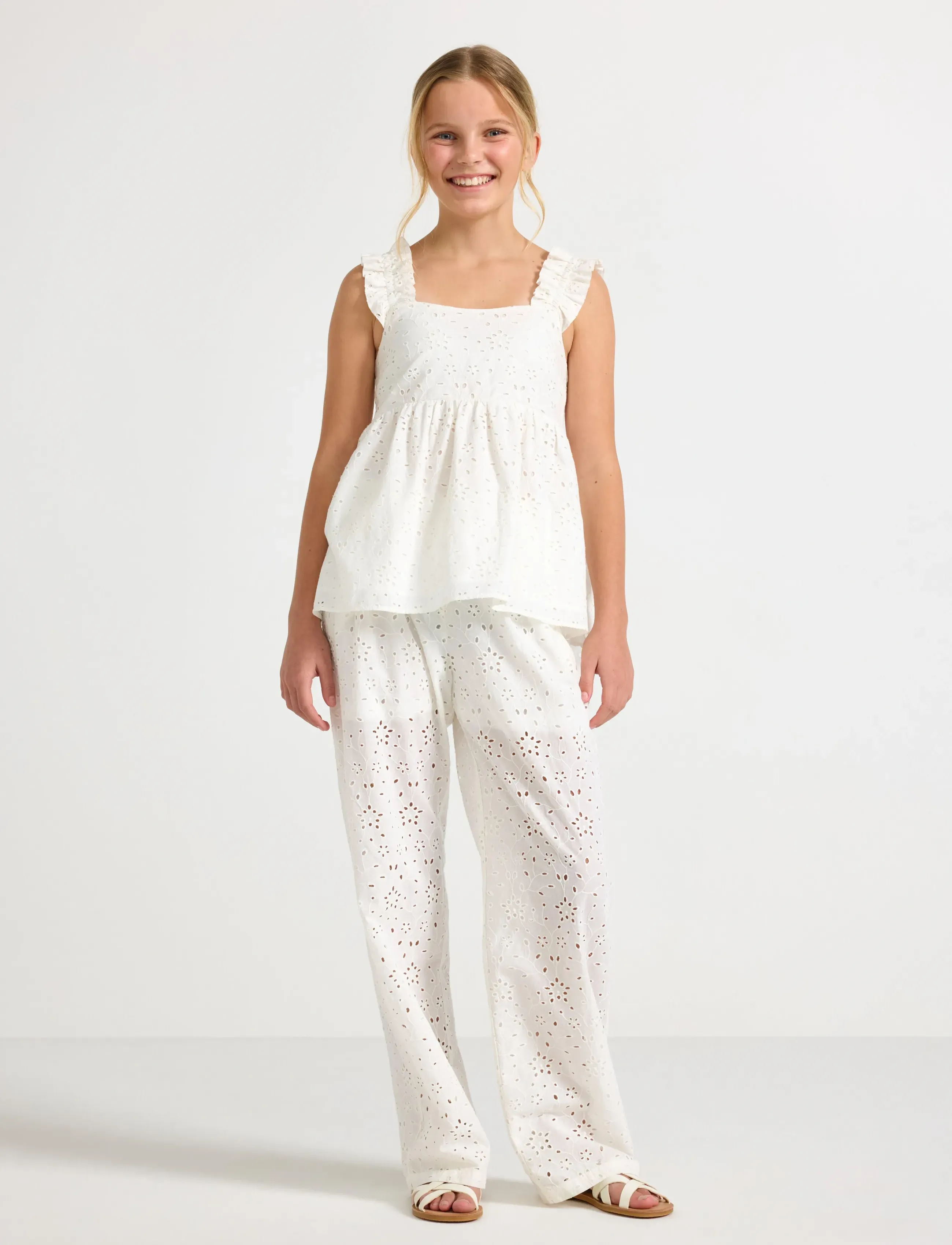Lindex Trousers With Broderie Anglaise, 158, White, Underdele > Bukser, Børn
