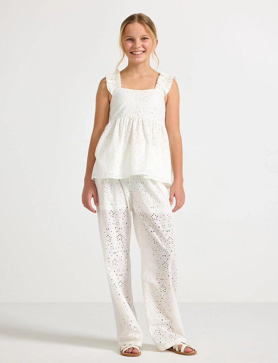 Lindex - Trousers with broderie anglaise - bukser - white - 0