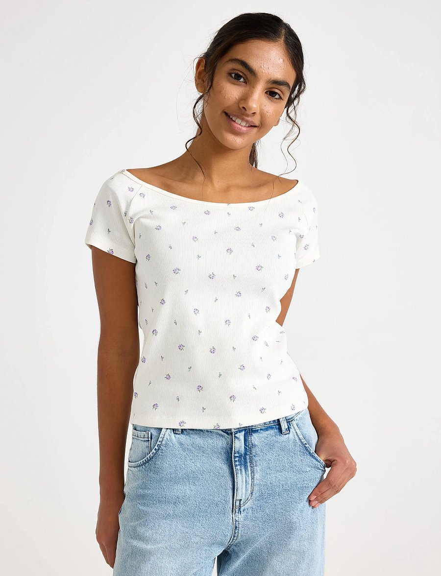 Lindex - Ribbed top - kurzärmelige - off white - 0