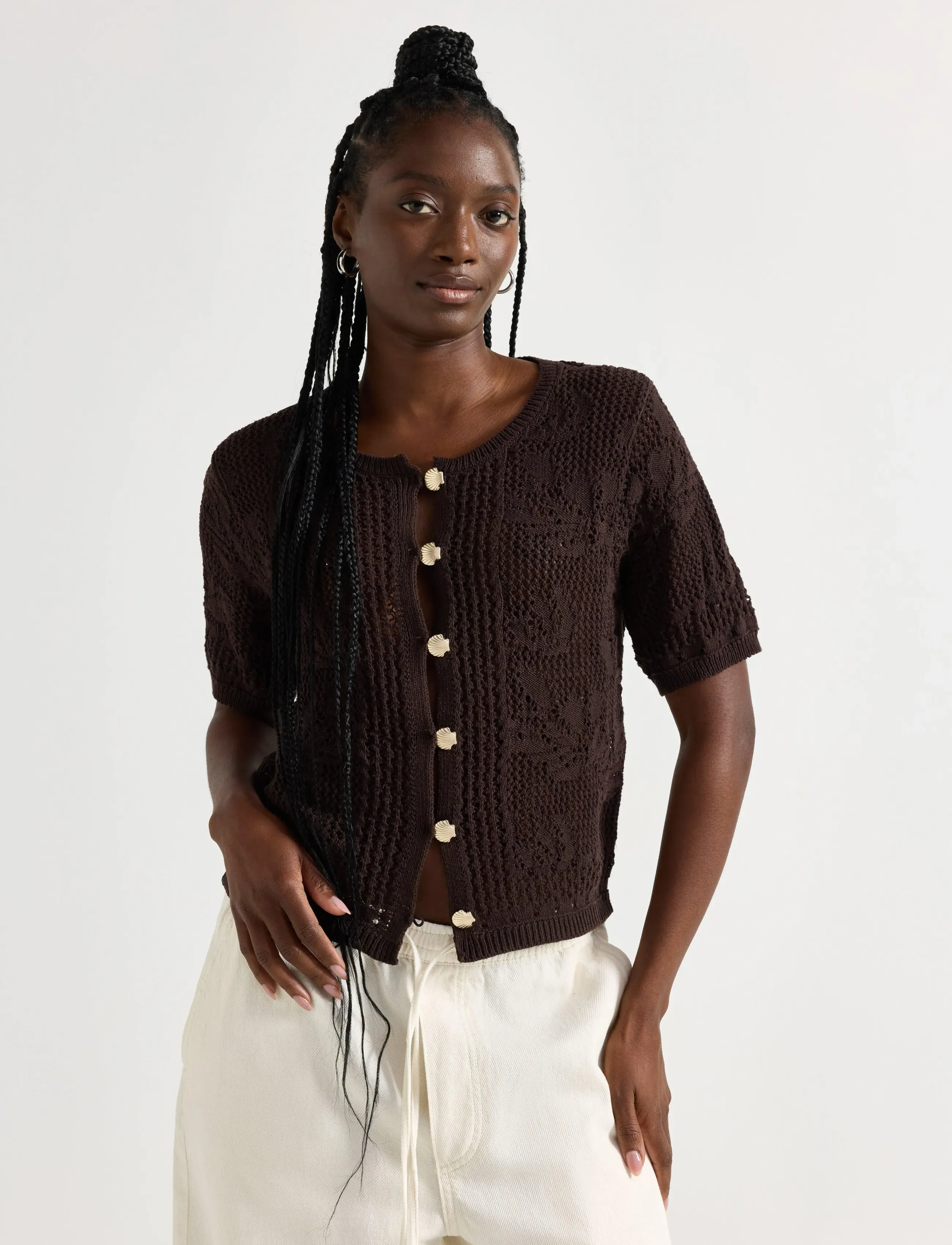 Lindex Cardigan With Crochet Look, Kvinder, Kortærmet Hæklet Cardigan, Brun, Str: L