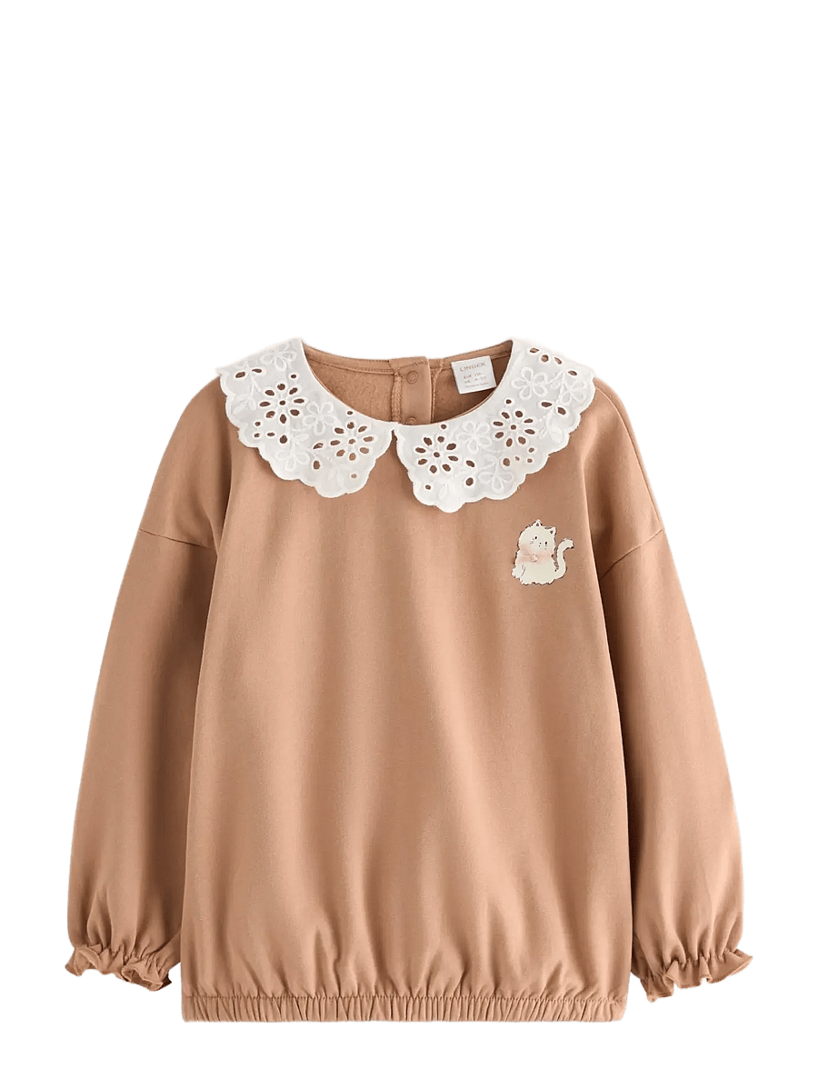 Lindex - Sweatshirt with collar in broderie anglais - sweatshirts - dark beige - 0