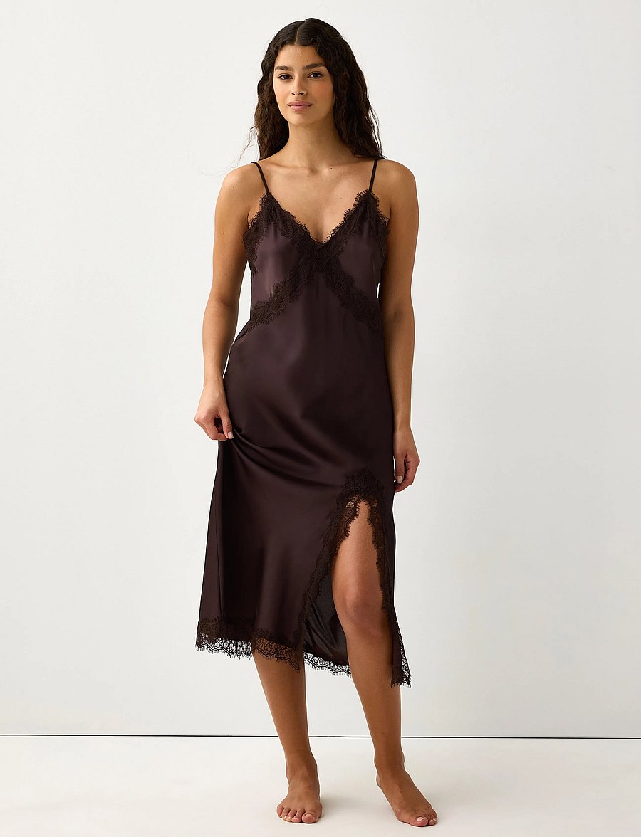 Lindex - Nightdress in satin with lace trim - dark dusty brown - 0