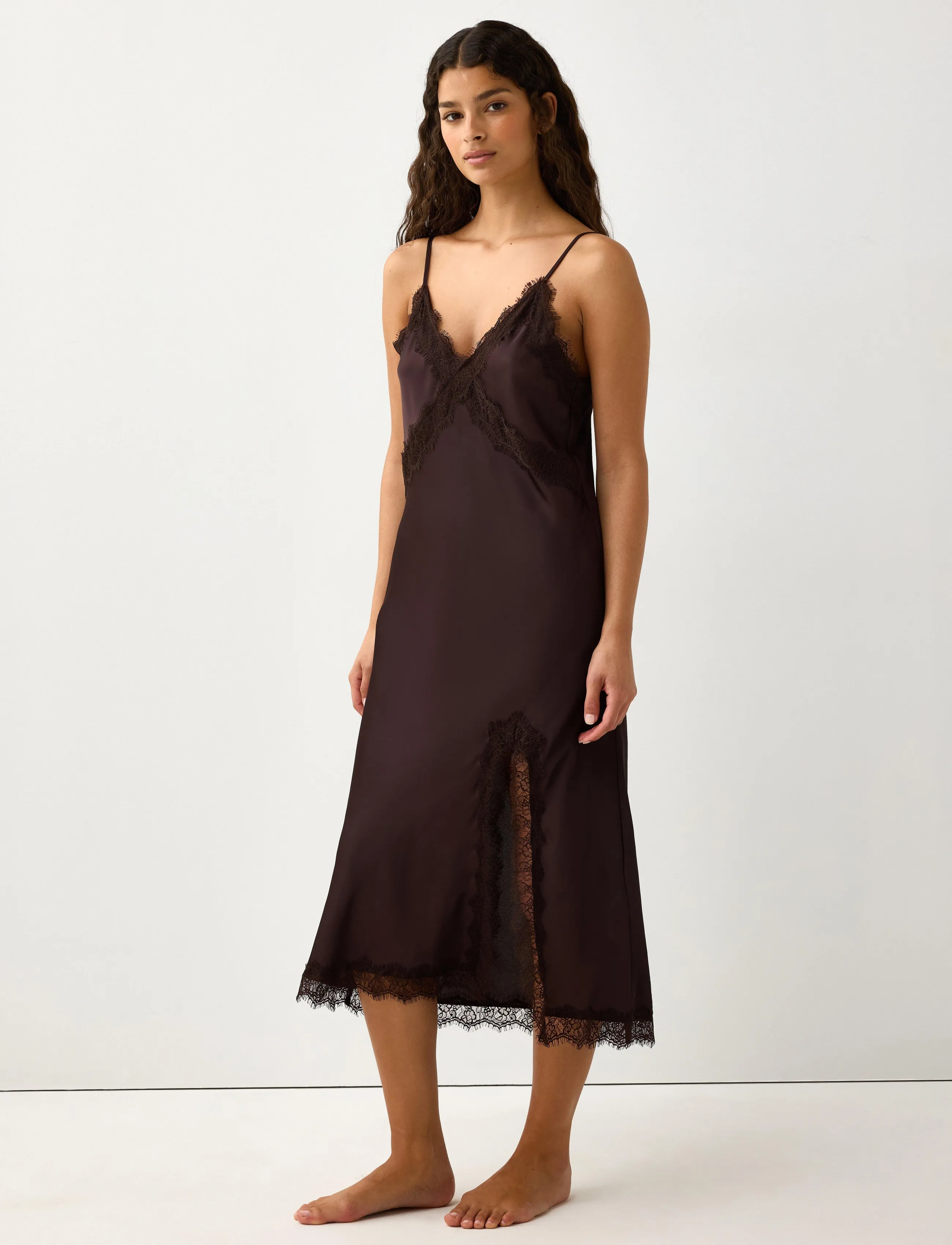 Lindex - Nightdress in satin with lace trim - dark dusty brown - 3