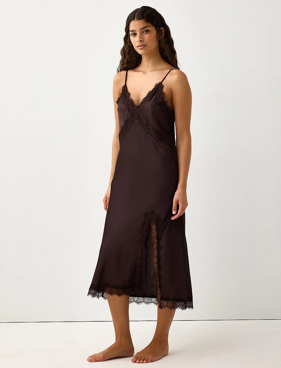 Lindex - Nightdress in satin with lace trim - dark dusty brown - 3