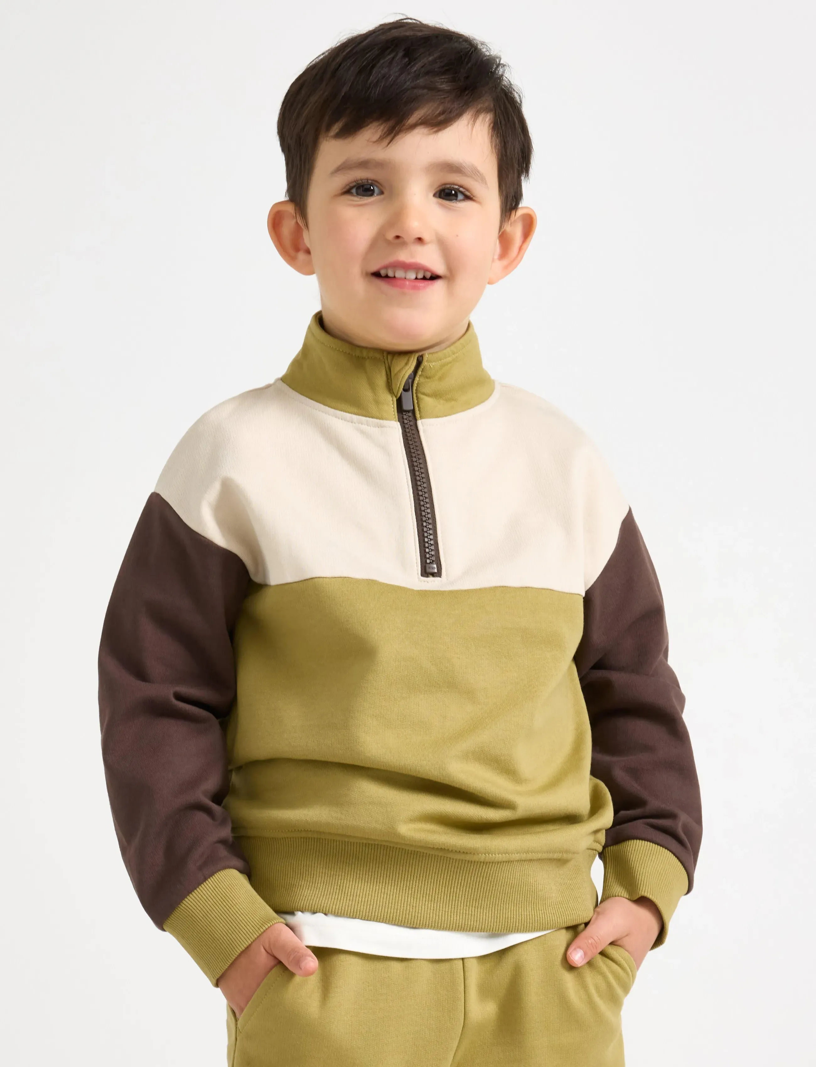 Lindex Sweatshirt With Half-Zip, 98, Khaki green, Strik > Pullovere, Børn