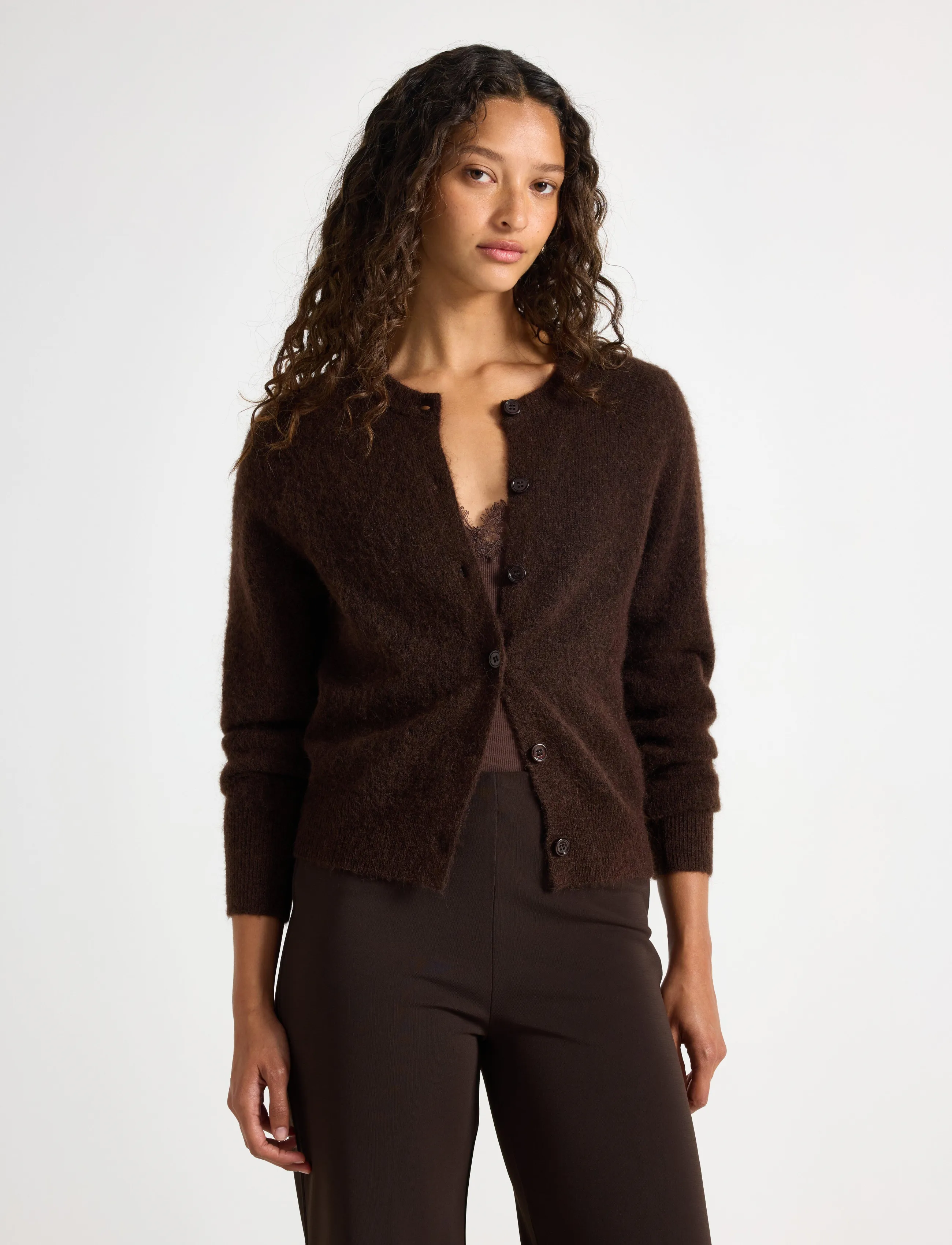 Lindex Fine-Knit Cardigan In Wool Blend, Kvinder, Finstrikket Cardigan, Brun, Str: S