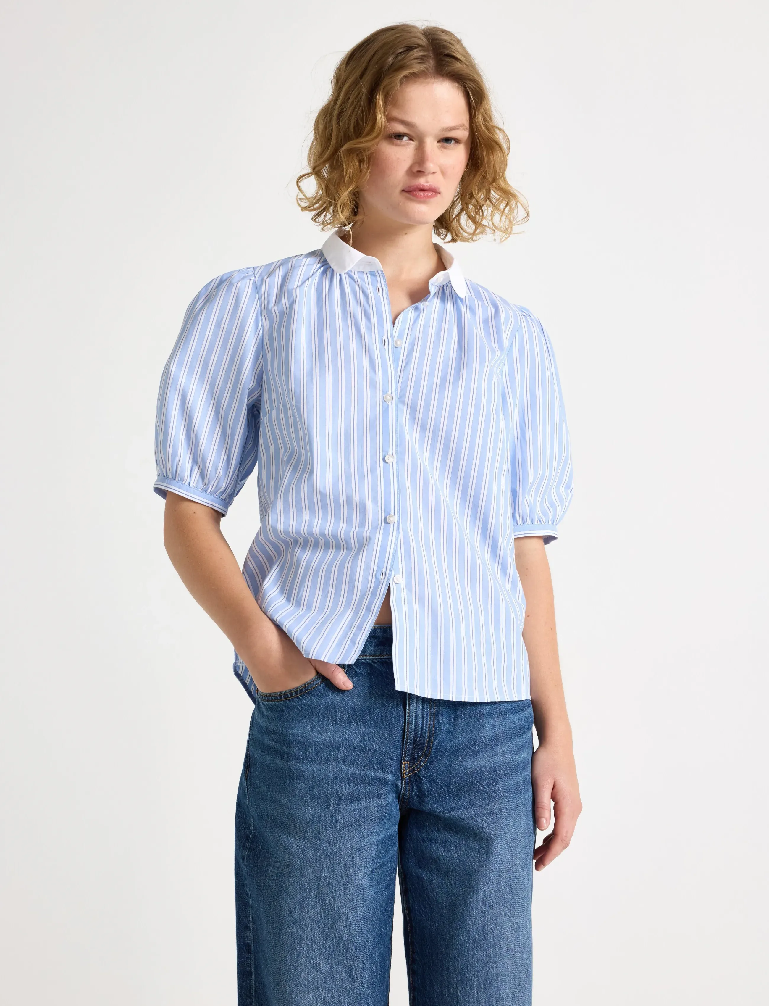 Lindex Blouse With Puff Sleeves, 38, Blue, Bluser > Kortærmede, Dame