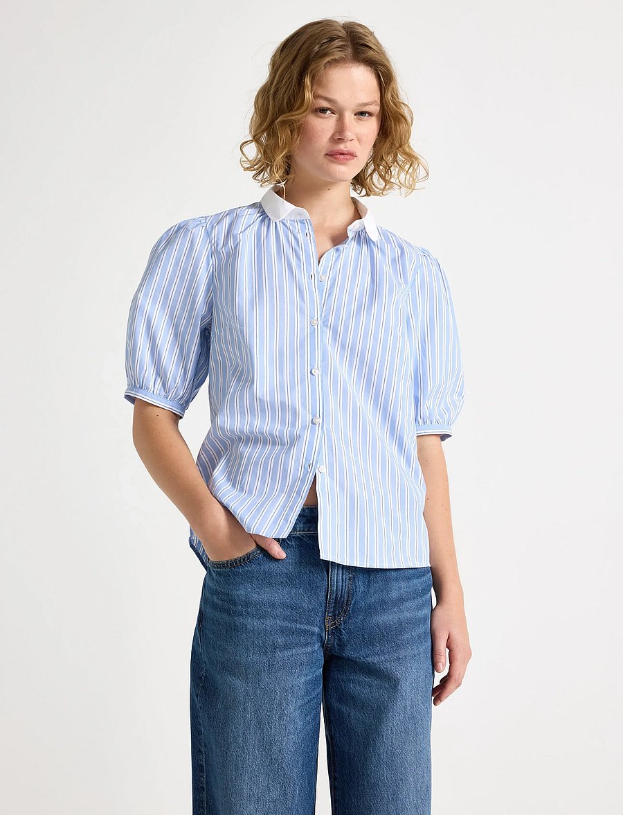Lindex - Blouse with puff sleeves - kurzärmelige blusen - light dusty blue - 0