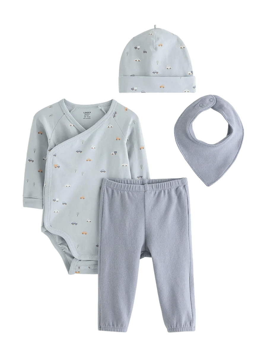 Lindex - 4-piece baby starter kit - langærmede bodyer - dusty blue - 0