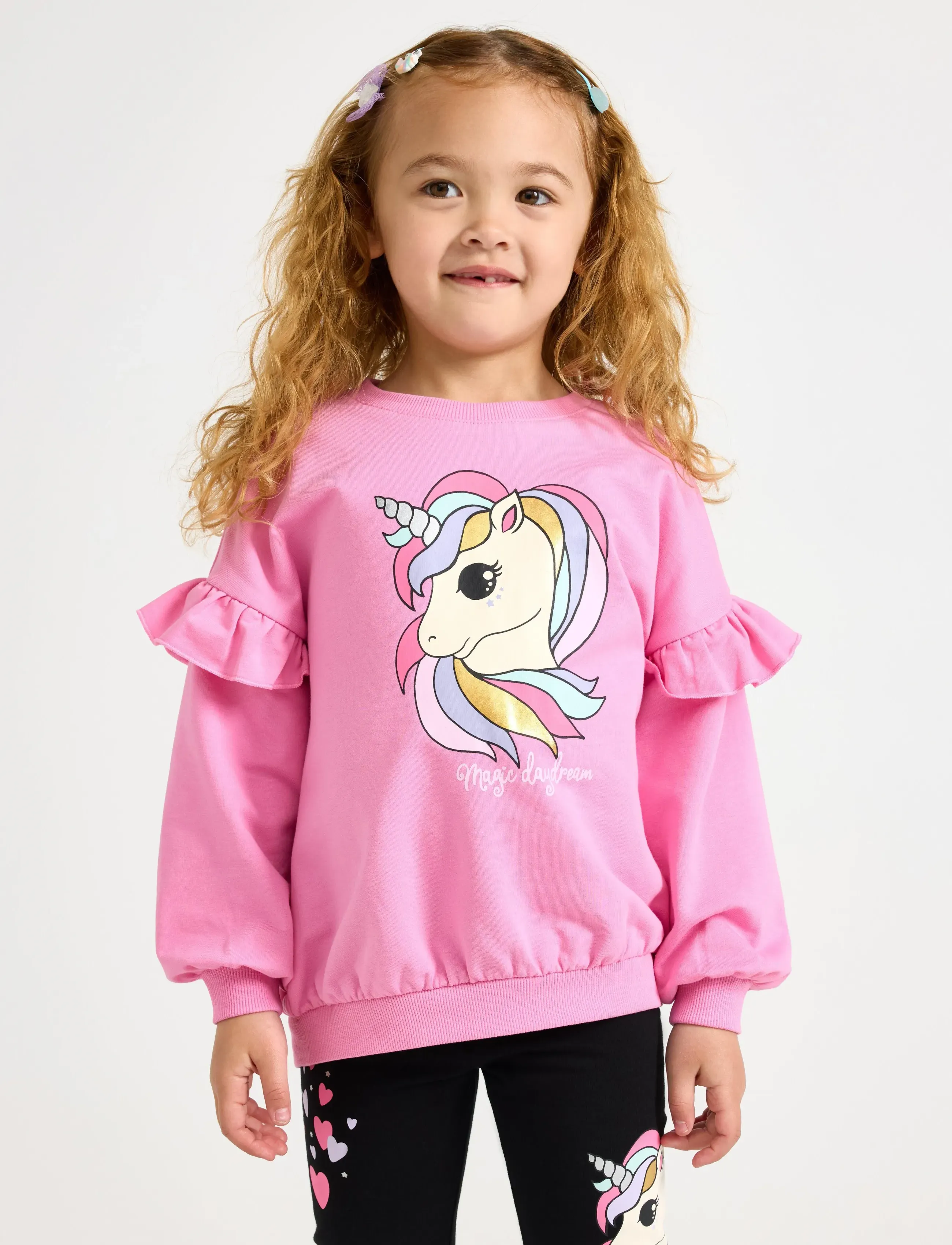 Lindex Sweatshirt With Unicorn And Brushed Inside, Børn, Enhjørning Flæse Sweatshirt, Pink, Str: 116