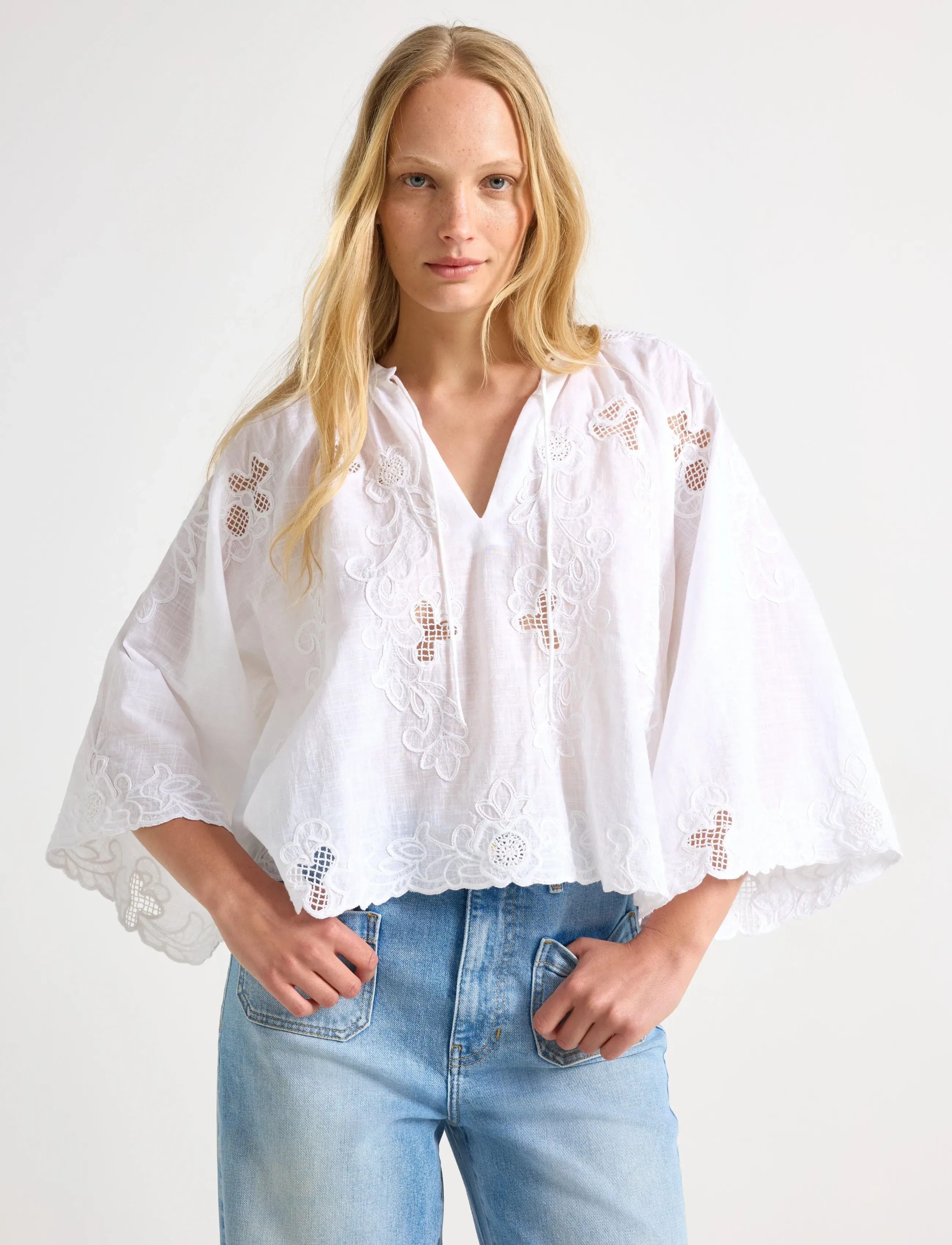 Lindex Embroidered Blouse With Wide Sleeves, L, White, Bluser > Langærmede, Dame