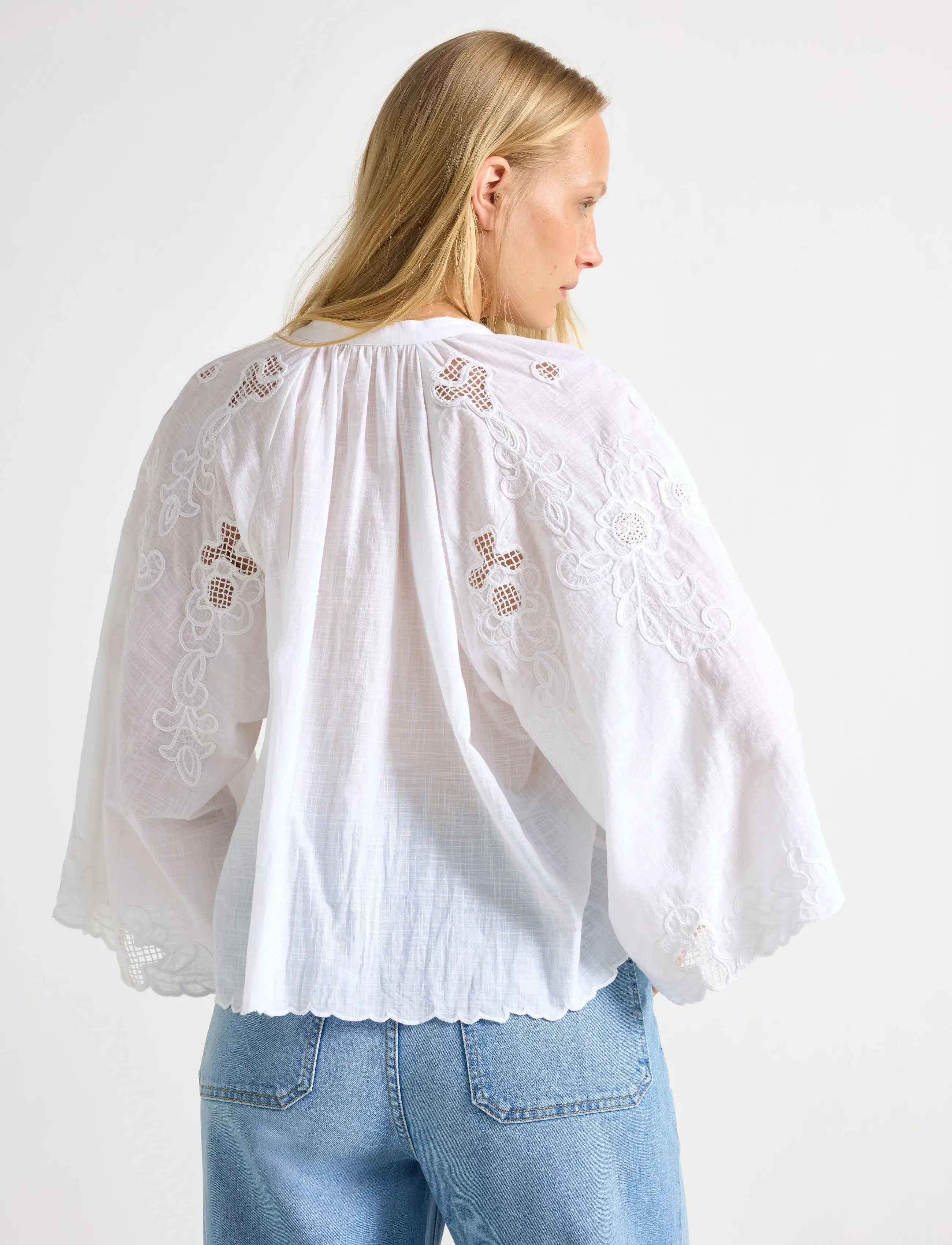 Lindex - Embroidered blouse with wide sleeves - long sleeved blouses - off white - 3