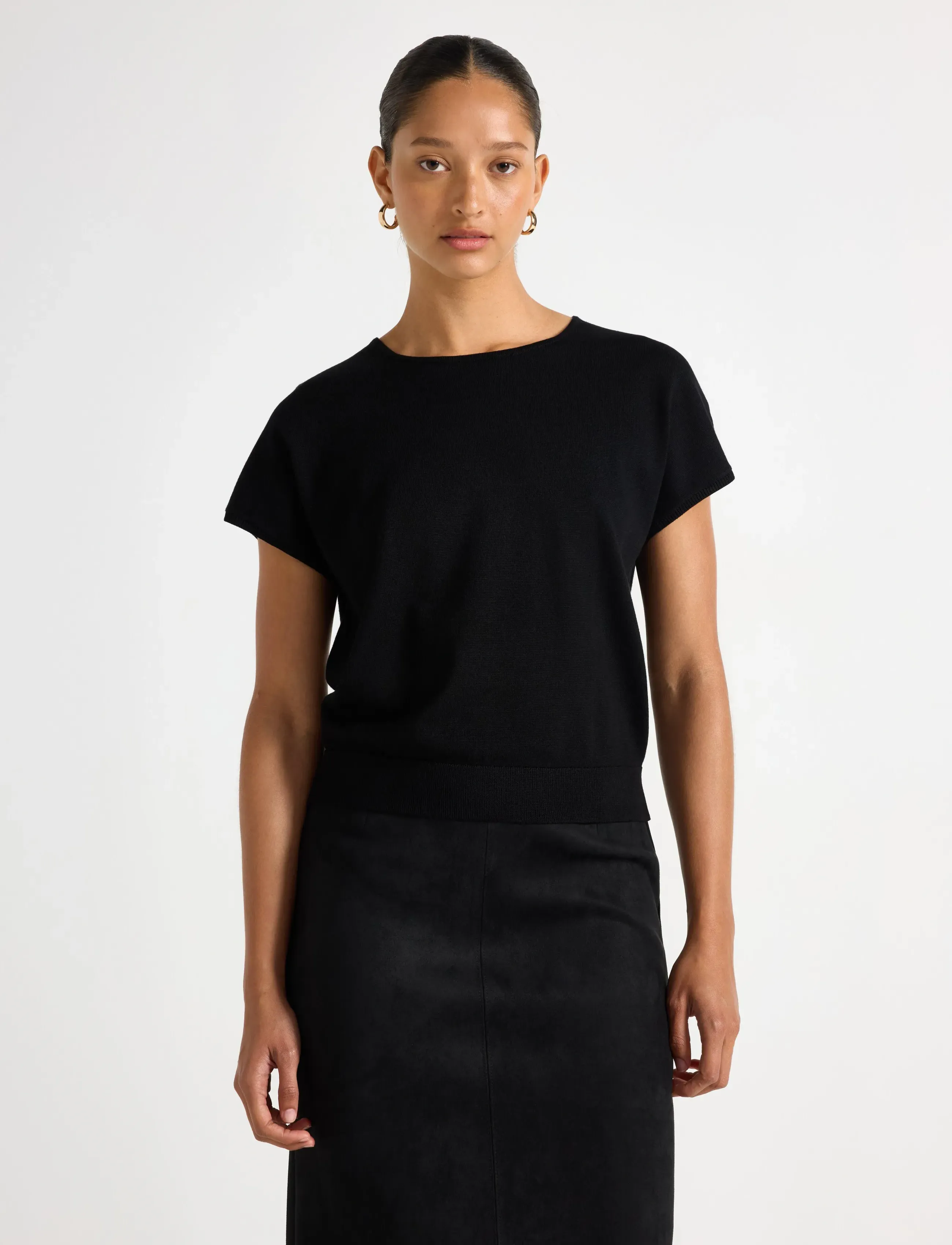 Lindex Fine-Knit Short-Sleeved Top, Kvinder, Fin Strikket Kortærmet Top, Sort, Str: XL