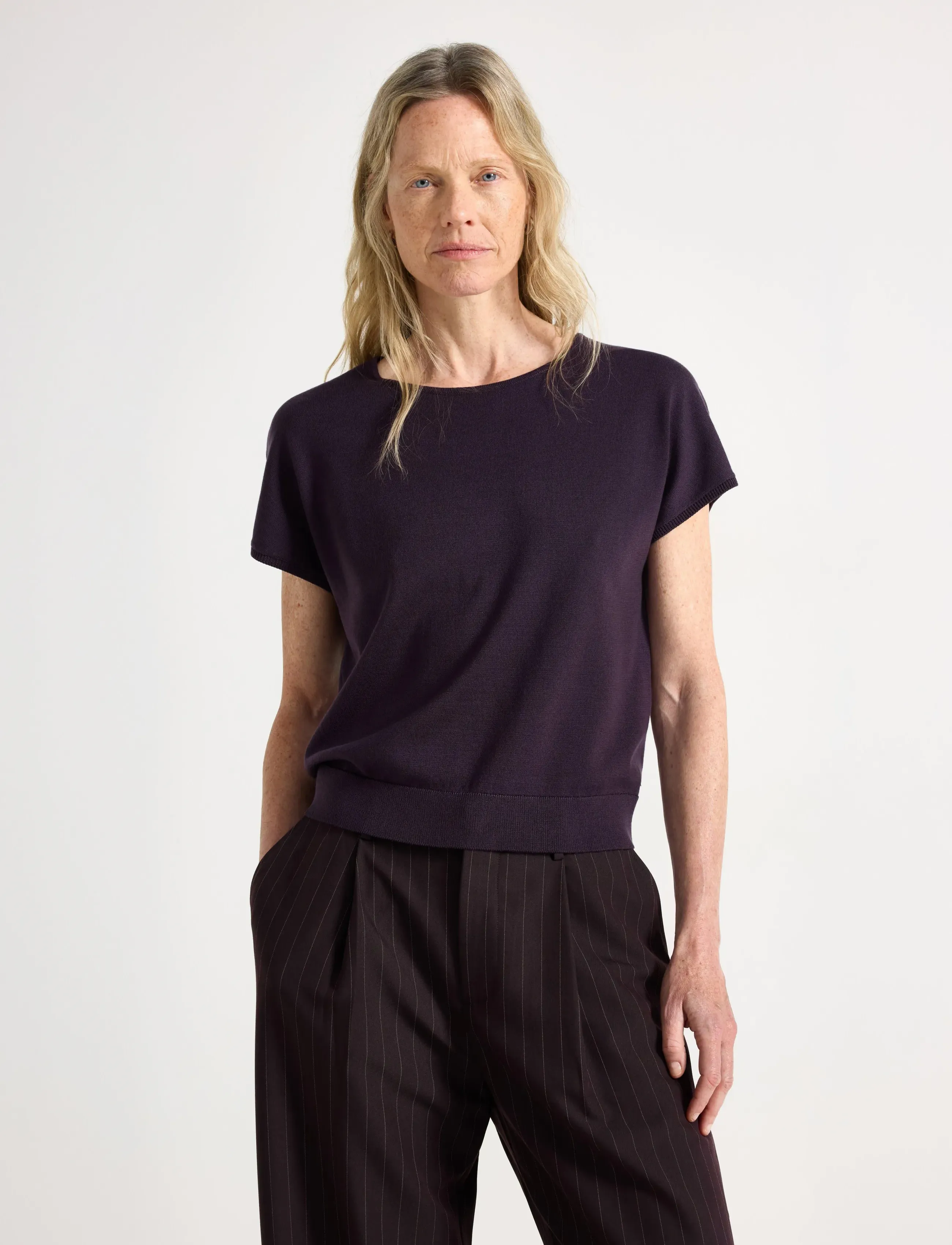 Lindex Fine-Knit Short-Sleeved Top, Kvinder, Fin Strikket Kortærmet Top, Lila, Str: XL
