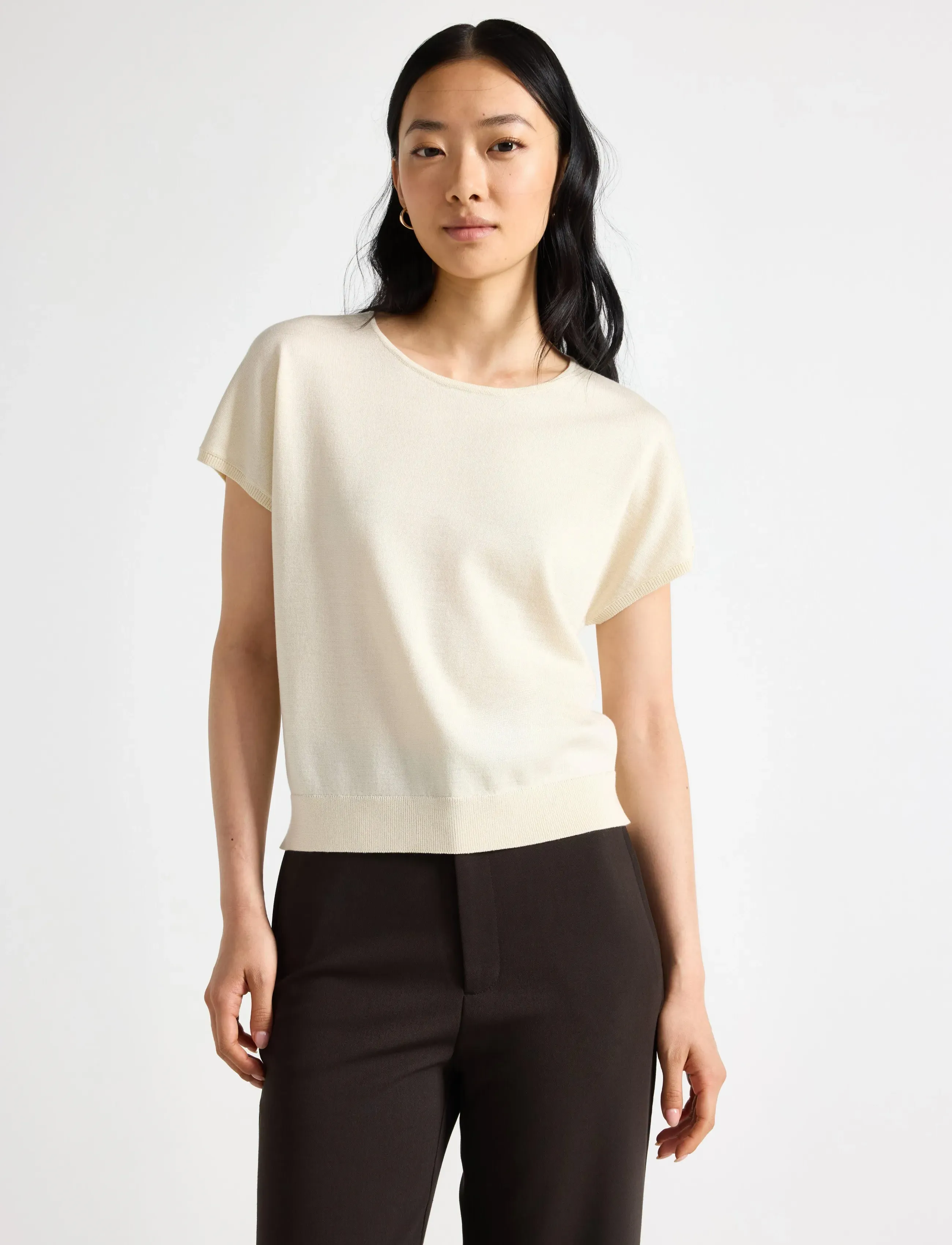 Lindex Fine-Knit Short-Sleeved Top, Kvinder, Fin Strikket Kortærmet Top, Beige, Str: L