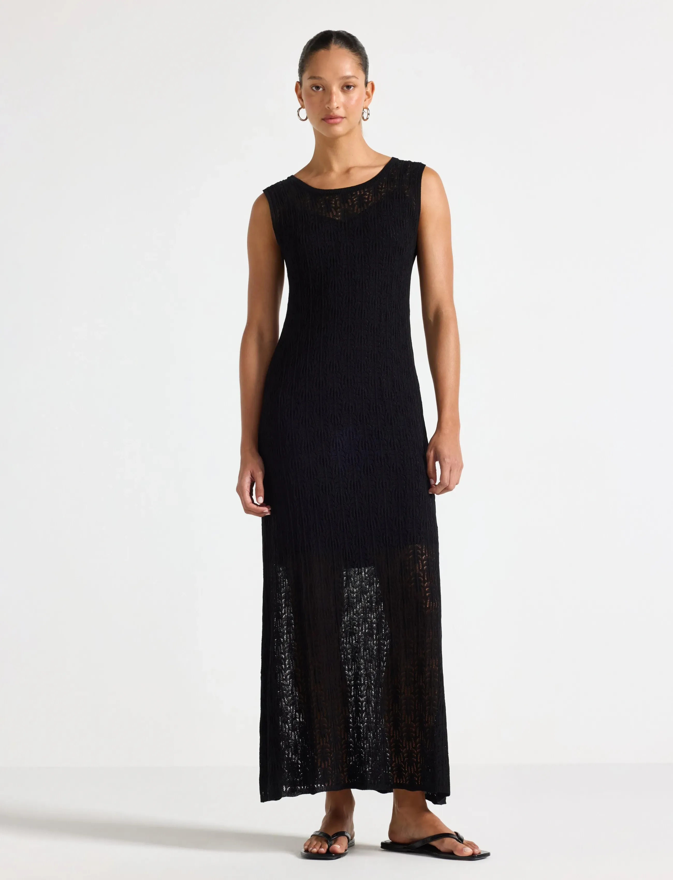 Lindex Pattern Knit Midi Dress, Kvinder, Ærmeløs Strikket Midi Kjole, Sort, Str: M