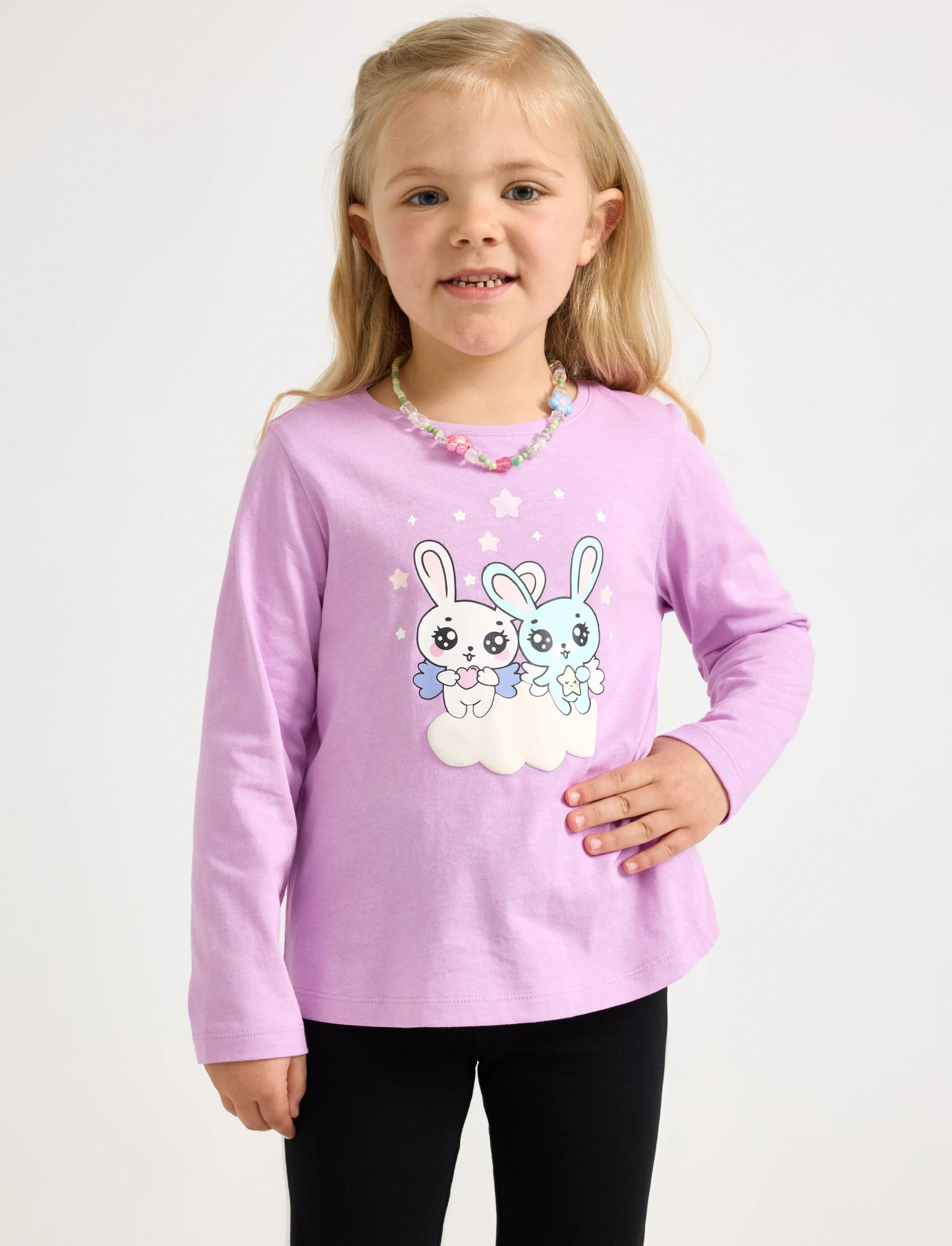 Lindex Long-Sleeved Top With Bunnies, Børn, Grafisk Langærmet Top, Lila, Str: 122