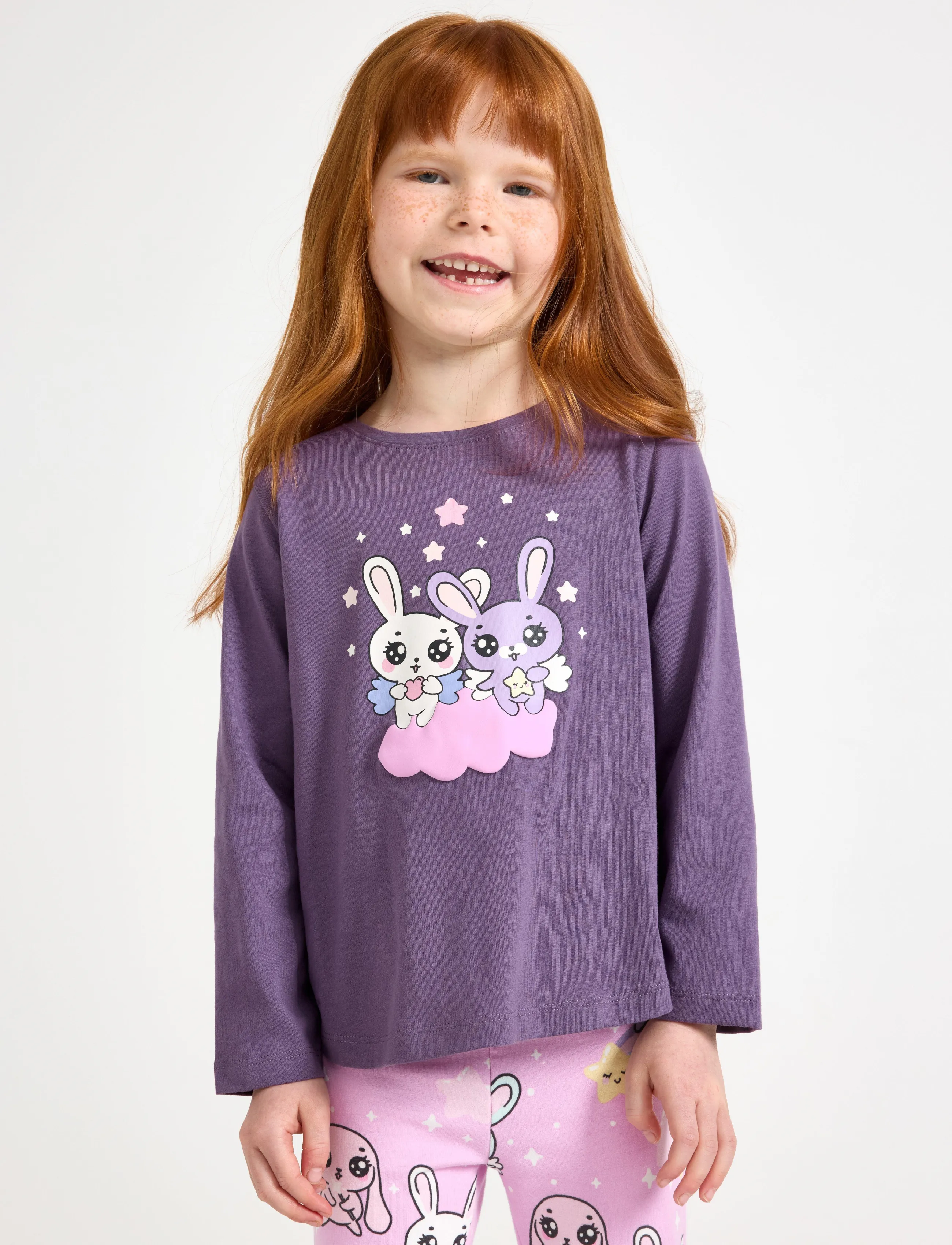 Lindex Long-Sleeved Top With Bunnies, Børn, Grafisk Langærmet Top, Lila, Str: 128