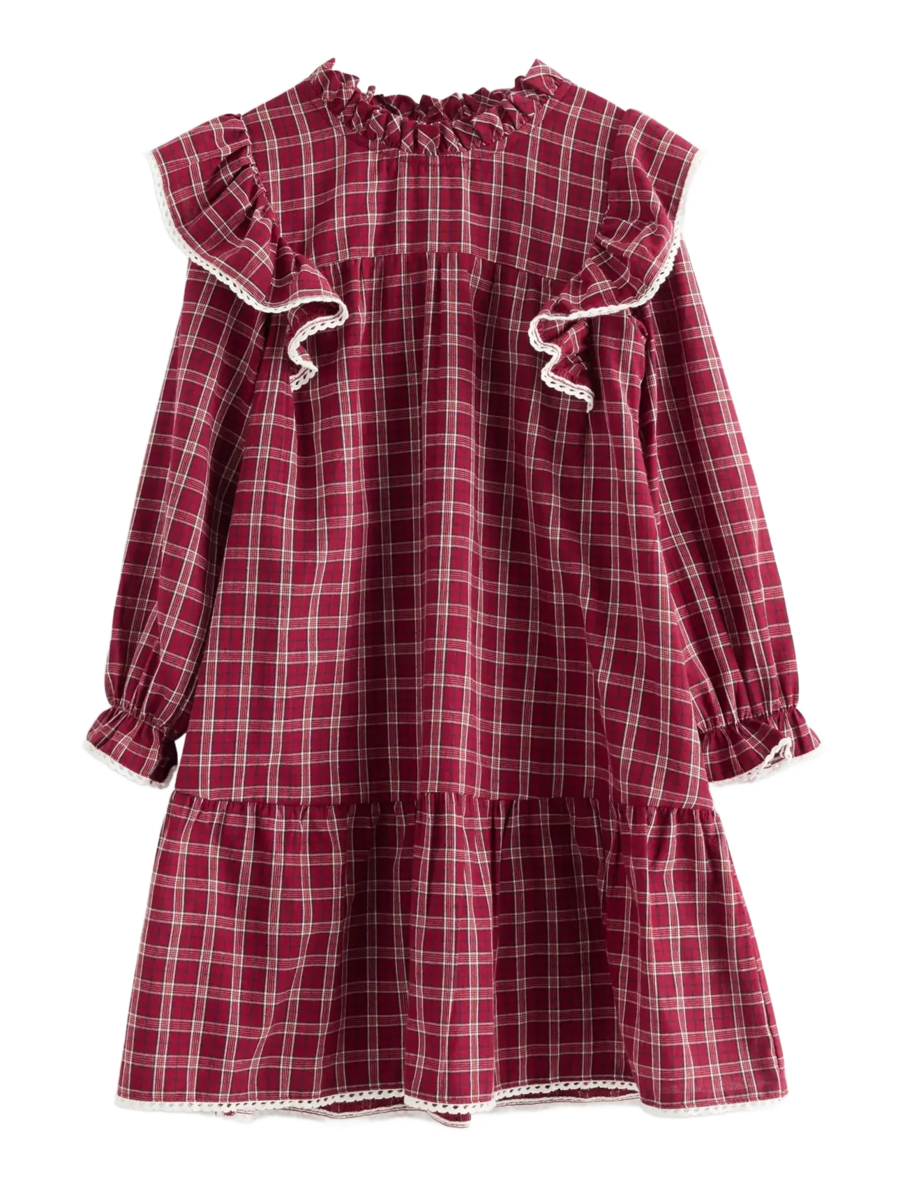 Lindex Woven Checked Dress, Børn, Ternede Flæsekjole, Bordeaux, Str: 116
