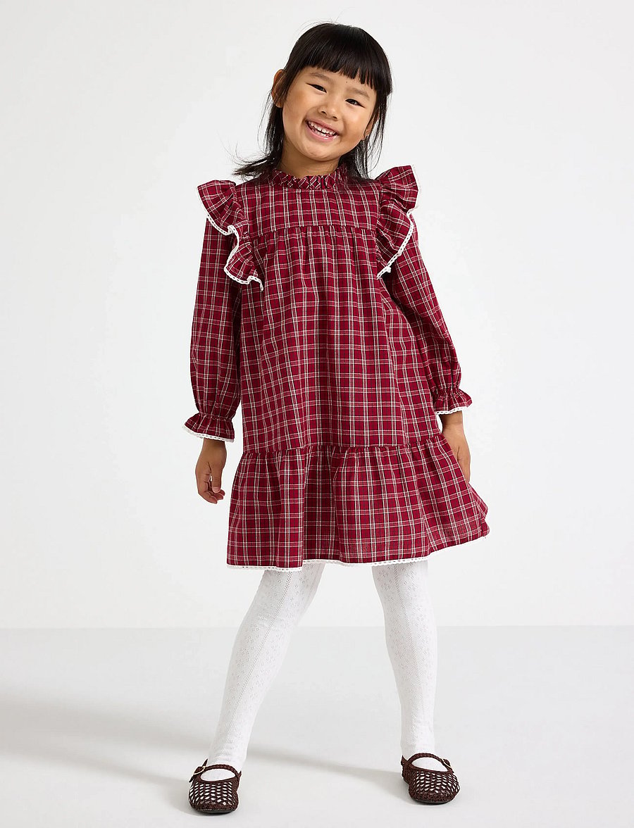Lindex - Woven checked dress - langärmelige babykleider - dark red - 0