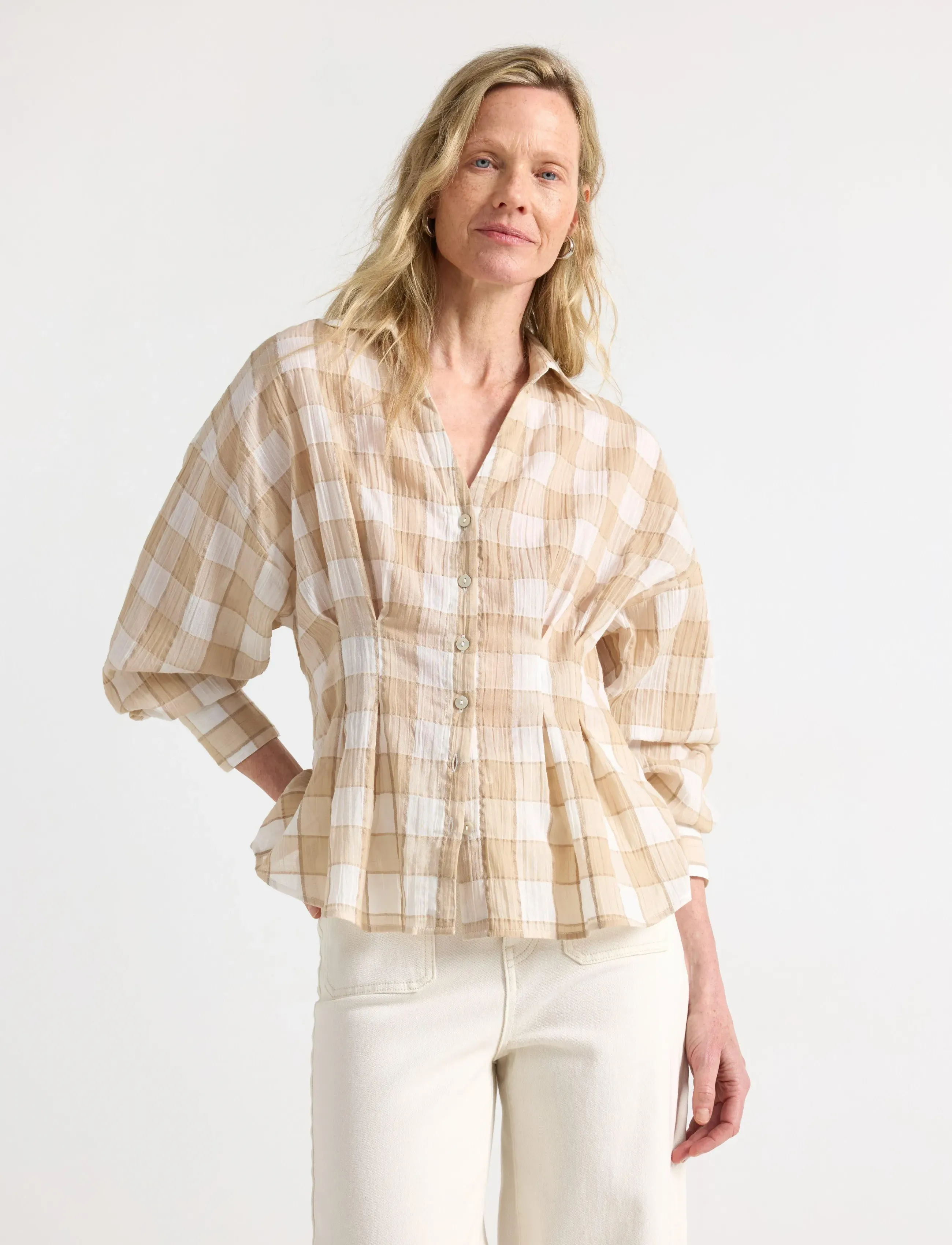 Lindex Blouse With Fitted Waist, XL, Blouses, Beige - Long-sleeved, Frauen