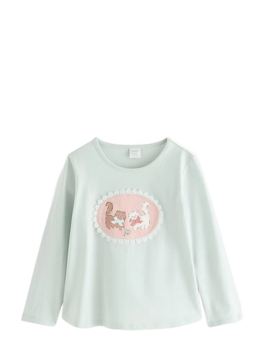 Lindex - Long-sleeved top with cat motif - langærmede t-shirts - light aqua - 1