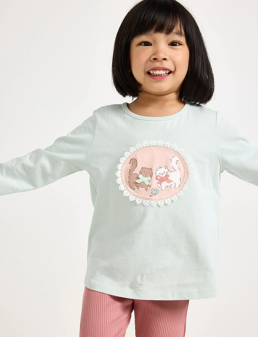 Lindex - Long-sleeved top with cat motif - langærmede t-shirts - light aqua - 0