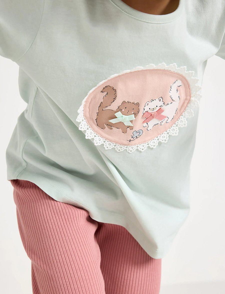 Lindex - Long-sleeved top with cat motif - langærmede t-shirts - light aqua - 4