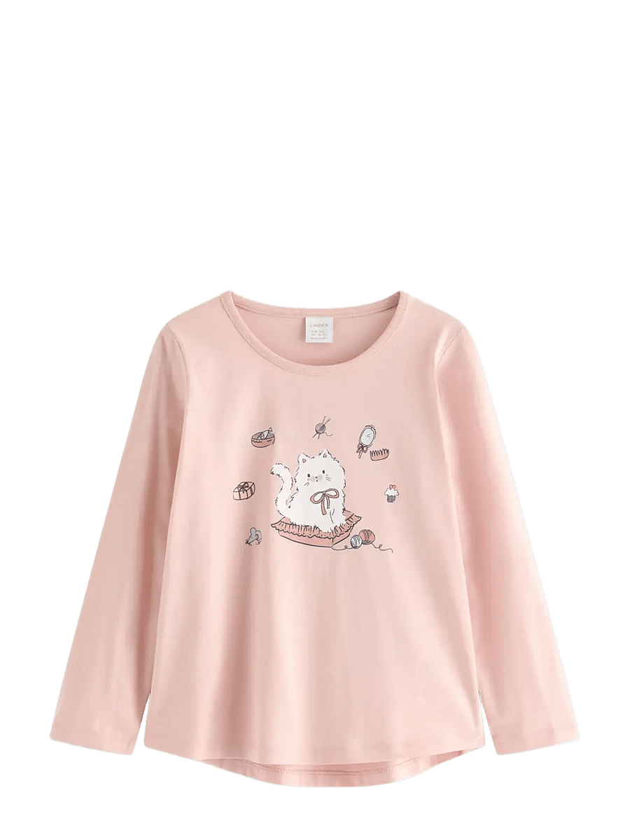 Lindex - Long-sleeved top with cat motif - långärmade t-shirts - light dusty pink - 0